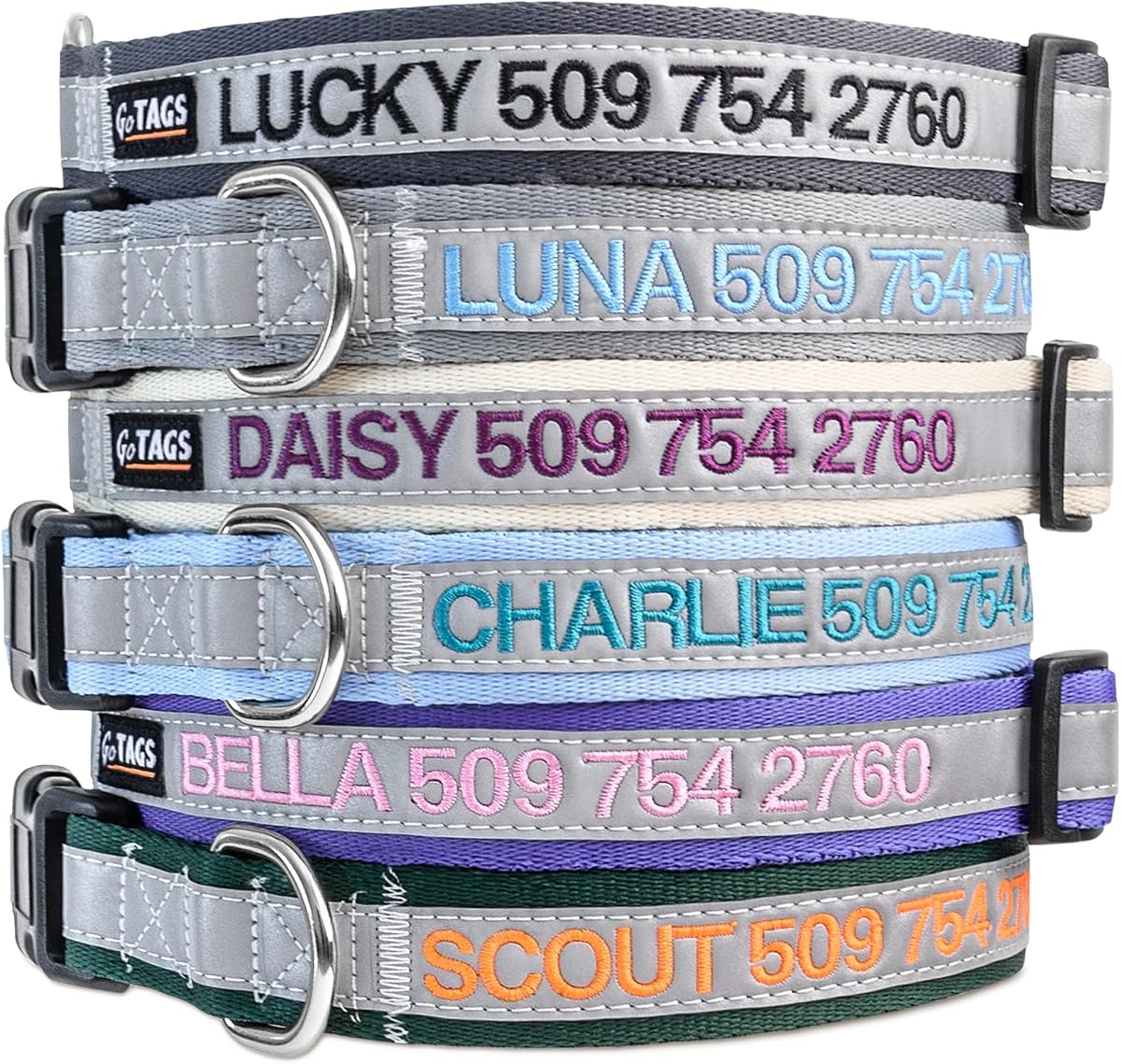 Collar de perro personalizado reflectante GoTags, collar de seguridad bordado personalizado | Nombre de mascota y número de teléfono para perros niños y niñas, tamaños ajustables pequeños, medianos y grandes (grande, azul)