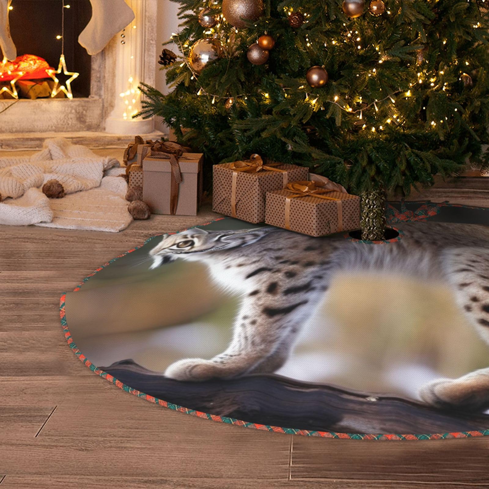 Wild Bobcat Christmas Tree Skirt 36" Artificial Tree Mat Cover Merry Christmas Burlap Xmas Tree Skirt for Christmas Decoration Holiday Indoor Outdoor Winter Party Decor