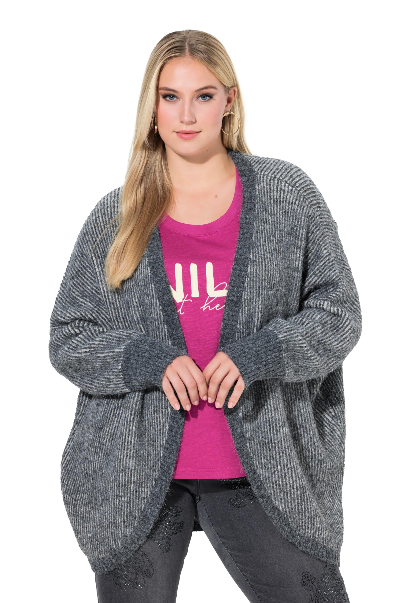 Ulla Popken Damen große Größen Übergrößen Plus Size Strickjacke, Egg-Shape, offene Form, Langarm, recycelt 845205