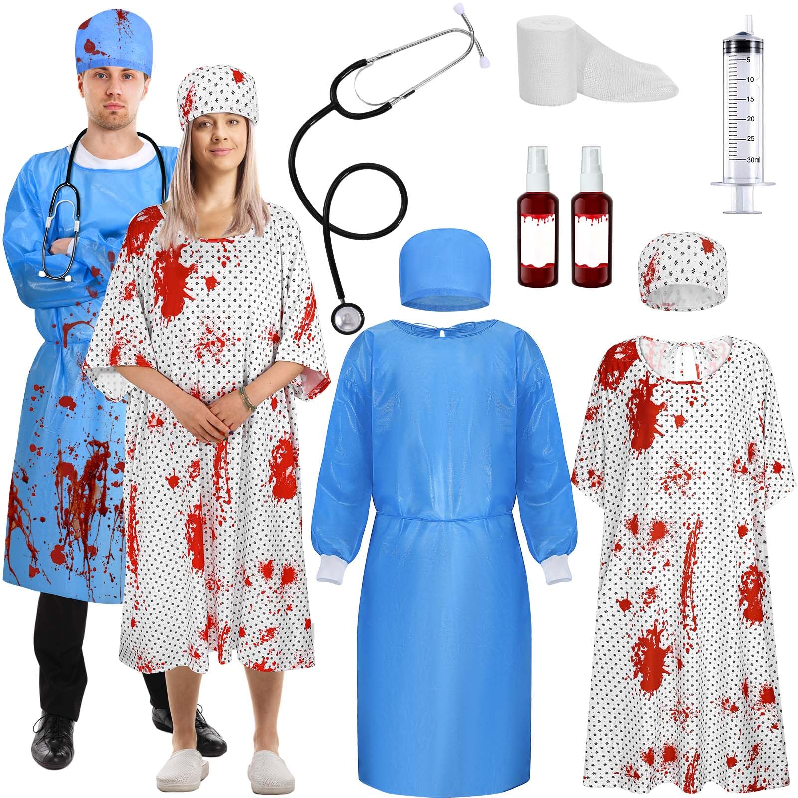 7 Pcs Halloween Couple Medical Costume Hospital Doctor Surgeon Gown Patient Gown Fake Blood Gauze for Halloween Adult Men Women Couple Cosplay Party Dress Up