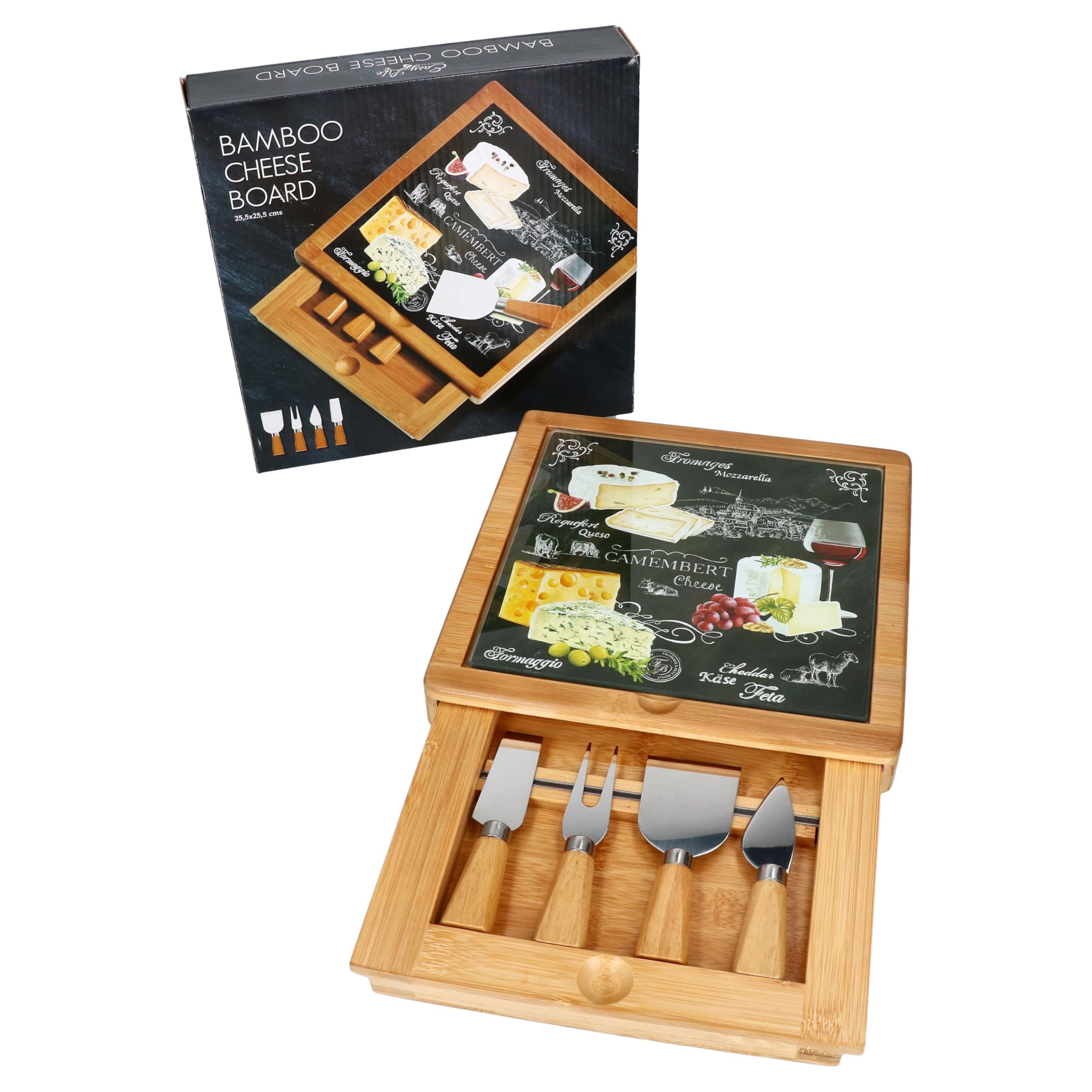 MamboCat World of Cheese Käseplatten Set I dekoriertes Käseschneidebrett aus Bambus-Holz & Glas mit Schublade & 4 Käsemessern I Servierplatte, Geschenkidee