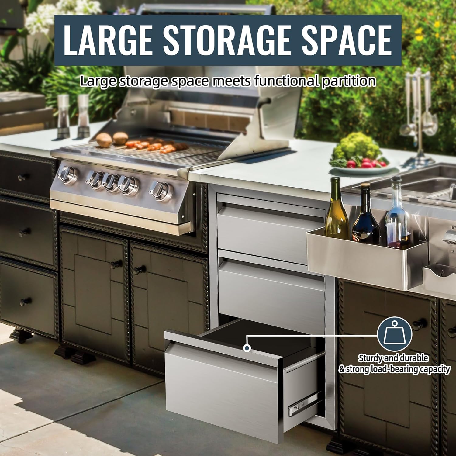 Outdoor Kitchen Drawer 14 x 21 x 23 inch Flush Mount BBQ Triple Layer Drawer, Durable Stainless Steel Kitchen Drawer Outdoor Kitchen Access Drawer for BBQ Island Patio
