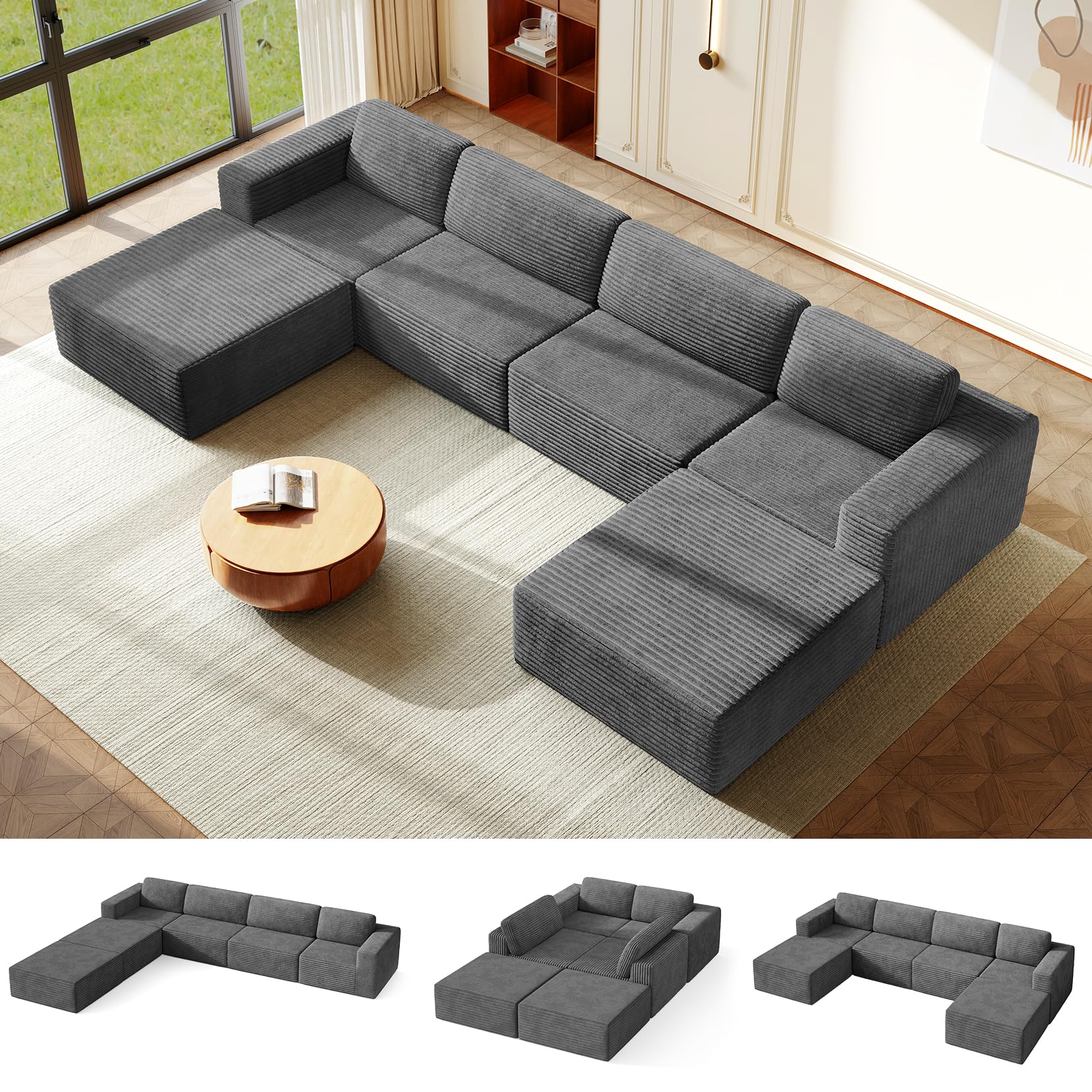 Vesgantti 303 cm Groß Modulares Ecksofa mit Schlaffunktion, Cordsofa mit Federkern, Extra Tiefe Sitzfläche, Boneless Schlafcouch, Für Wohnzimmer, Ohne Montage