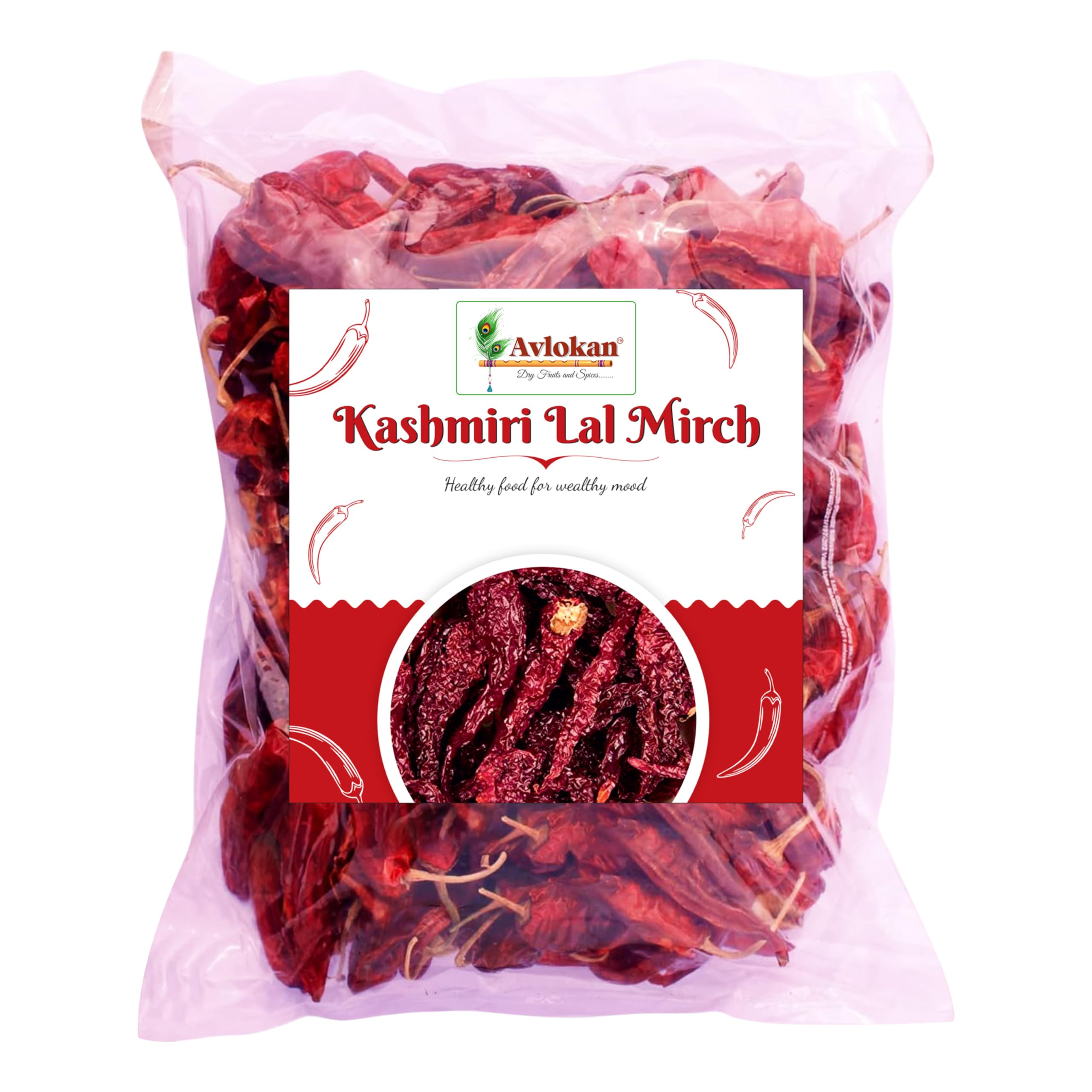 Avlokan Kashmiri Red Chilli Whole with Stem - 100% Natural, Hot & Spicy Dried Red Chilli | Kashmiri Sabut Lal Mirch Kashmiri Withstem Red Chilli, 250 grams