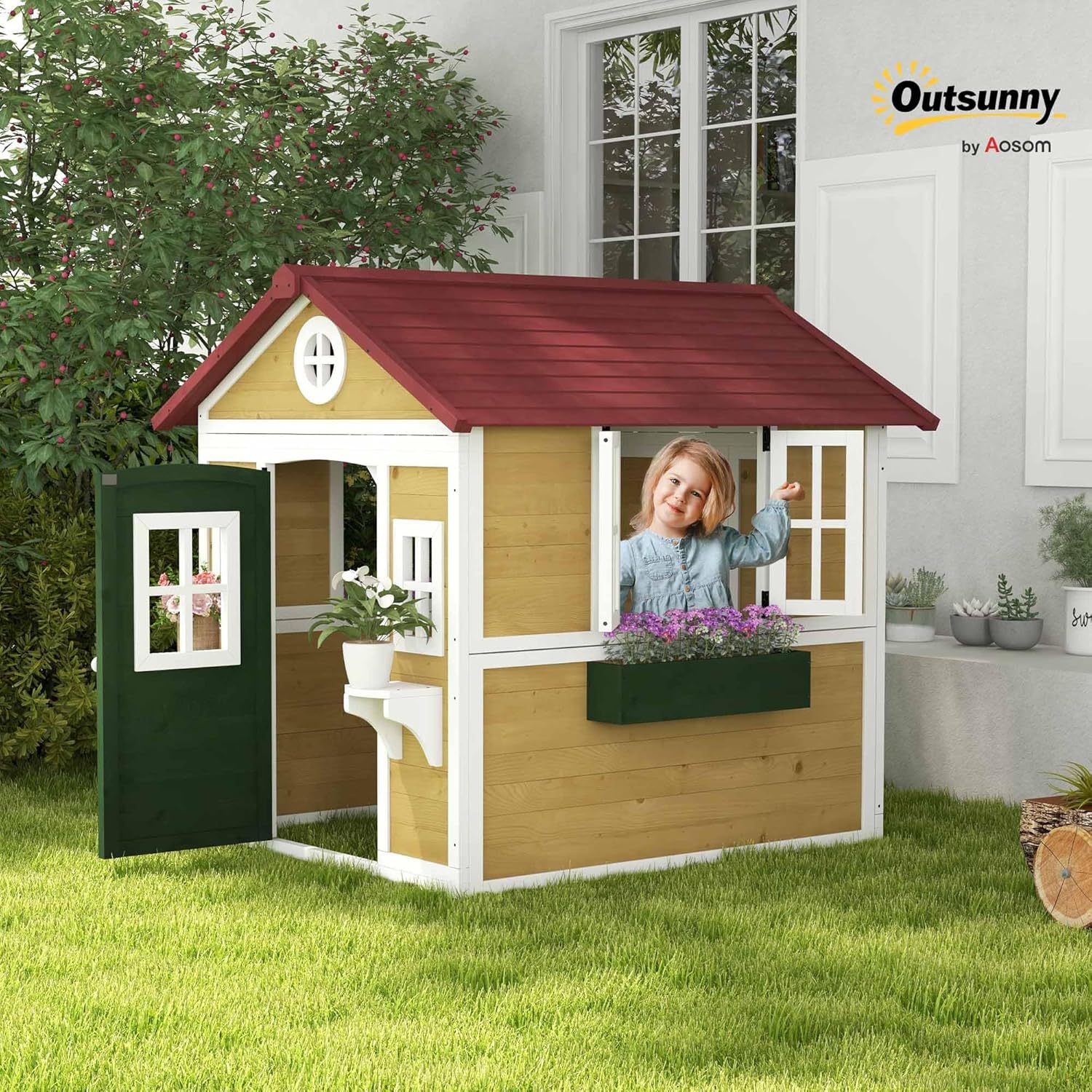 Outsunny Outdoor Kids Playhouse, Wooden Playhouse Jamaica Ubuy