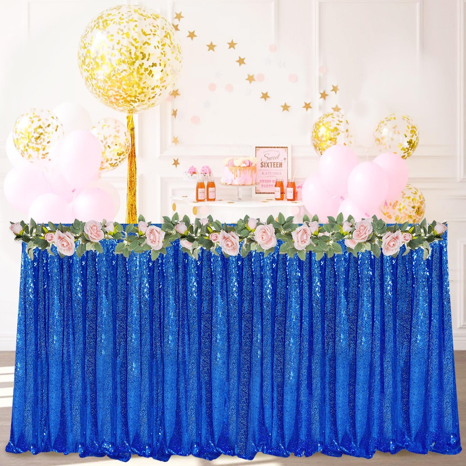 PATYDEST Sequin Table Skirts for Rectangle Tables 9FT Royal