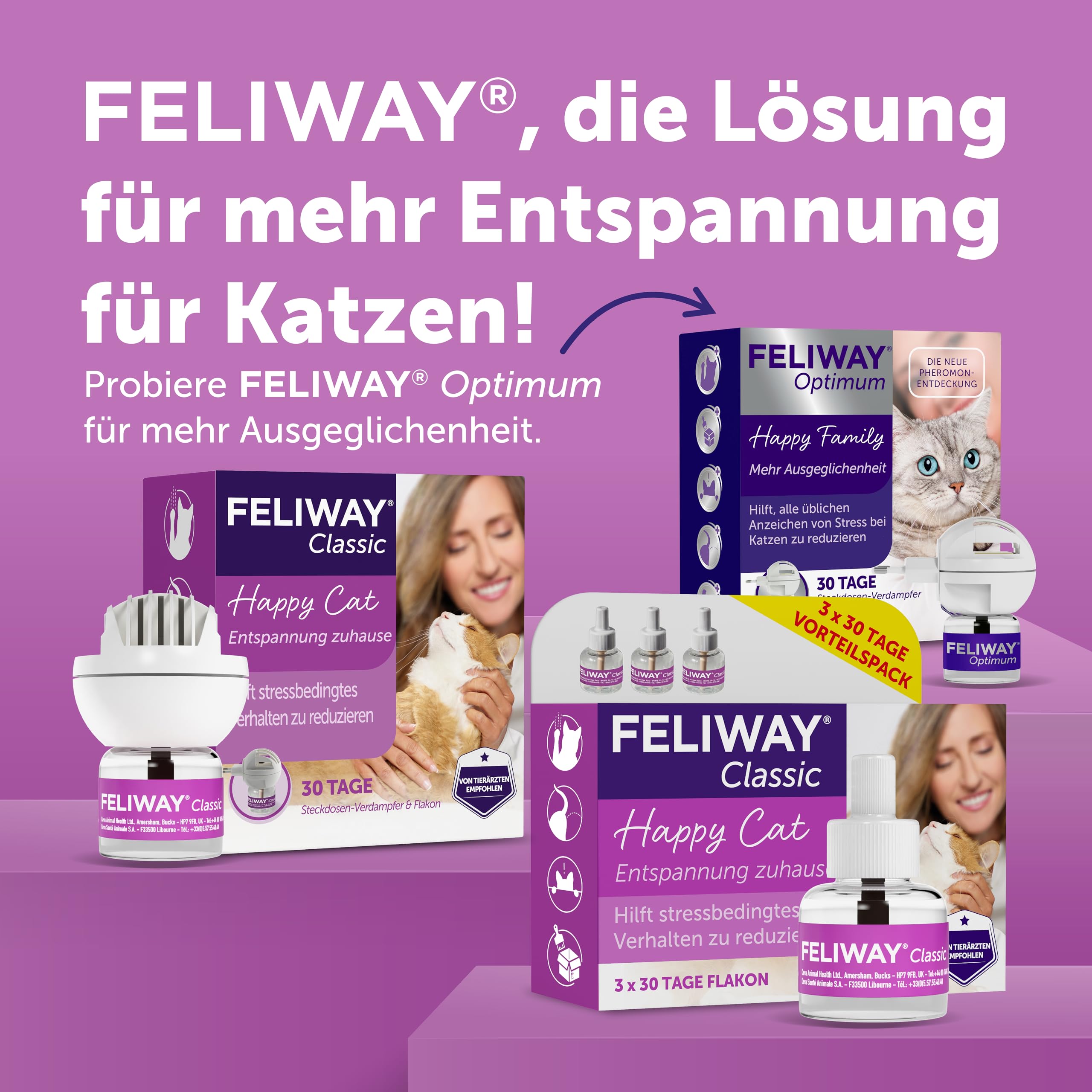 FELIWAY Classic 3x30 Tage Vorteilspack für Pheromon Verdampfer, 3x48ml - Hilft Anzeichen von Stress bei Katzen und Kitten zu reduzieren, von Tierärzten empfohlen, klinisch getestet