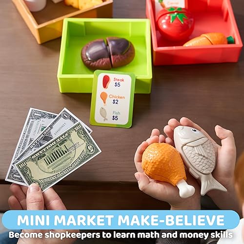 Miniatura 5 de lalalark Juego de comida para niños pequeños, juego de tienda de comestibles para niños, juguete de cocina con estantes de almacenamiento y 6 cajas,