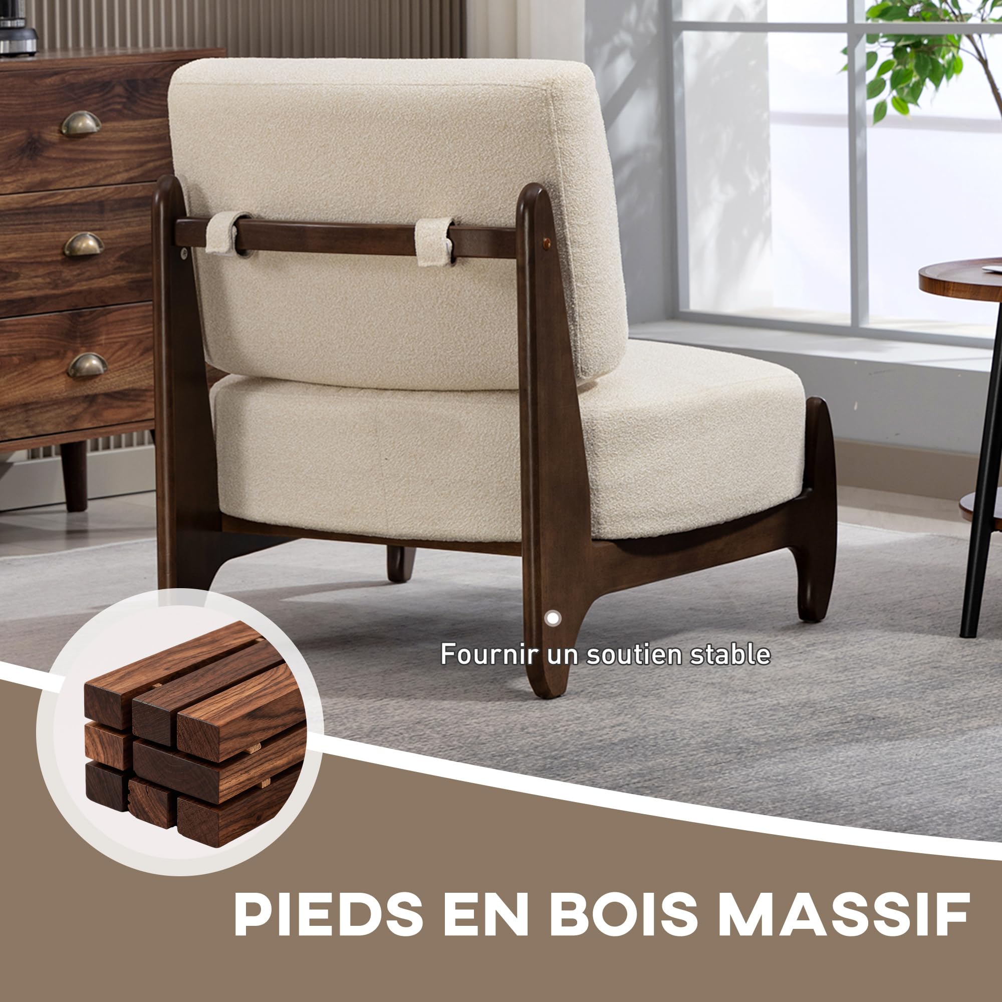 HOMCOM Fauteuil Salon en Chenille, Fauteuil Chambre Confortable Moderne avec Coussin épais, Assise rembourrée et Pieds en Bois d'hévéa, Chaise de Salon, Coins Lecture, Bureau à Domicile, crème