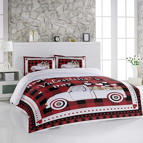 Miniatura 2 de Chucoco 3 Pieces Cali King Bedding Duvet Covers Set Valentines White Truck with Love Heart on Classic Buffalo Soft Quilt Cover and Pillow