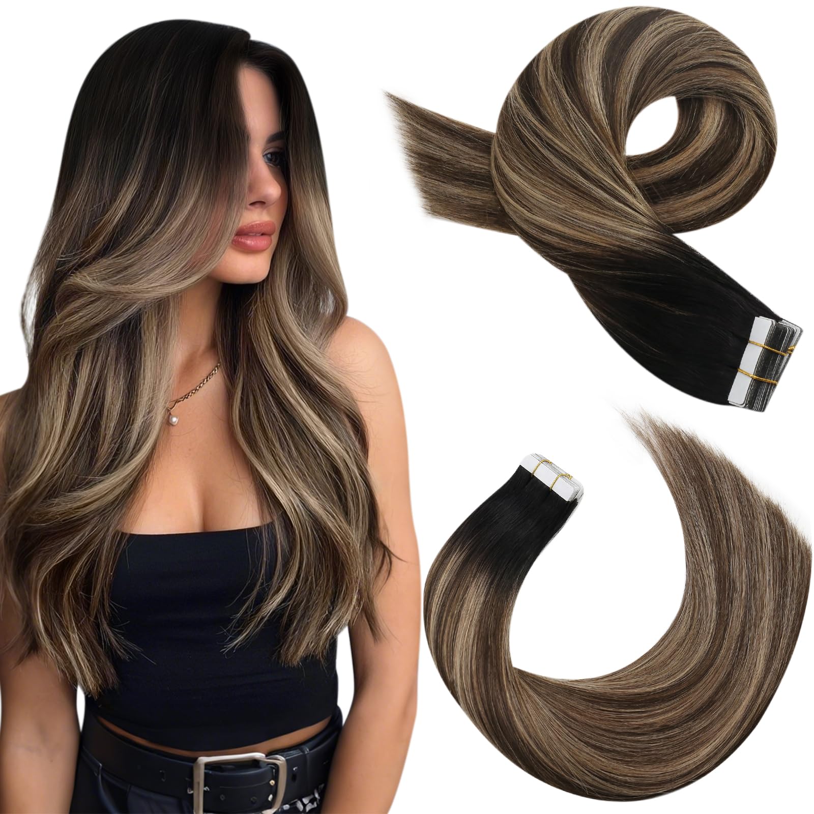 Moresoo Balayage Tape in Hair Extensions Human Hair 20Pcs Ombre Hair Extensions Tape in Real Hair 12 Inch Dark Root to Dark Brown with Dark Blonde