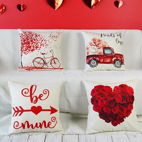 Miniatura 4 de ONWAY Juego de 4 fundas de almohada para el día de San Valentín de 18 x 18 pulgadas, diseño de camión de flores, decoración del hogar, corazón rojo