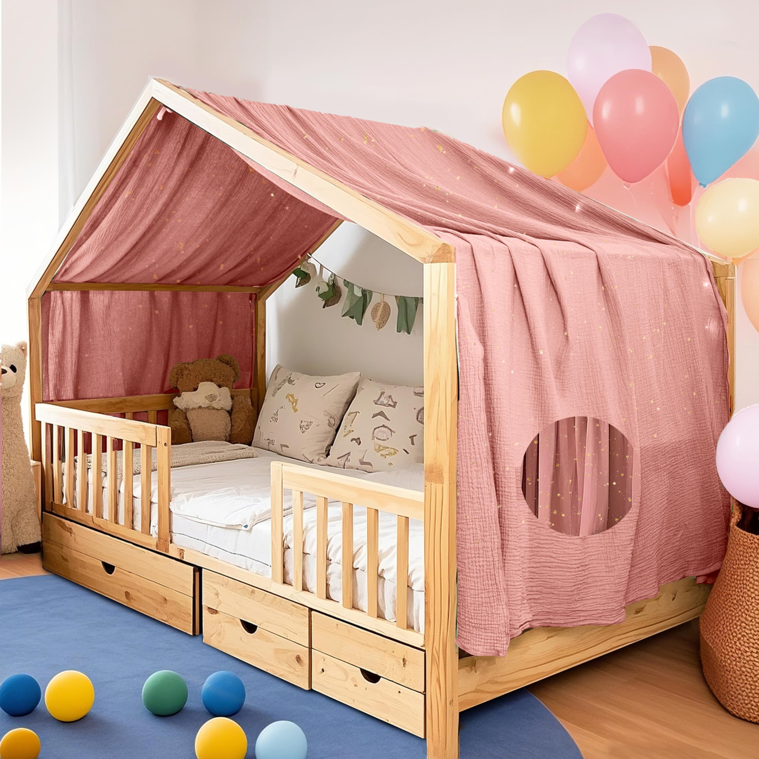 Home Bettbezug mit Goldener Applikation, handgefertigt aus 100% Baumwoll-Musselin, Stoffhimmel für die Hausbett-Dekoration, geeignet für Mädchen und Jungen (Altrosa, 132 x 360 cm)