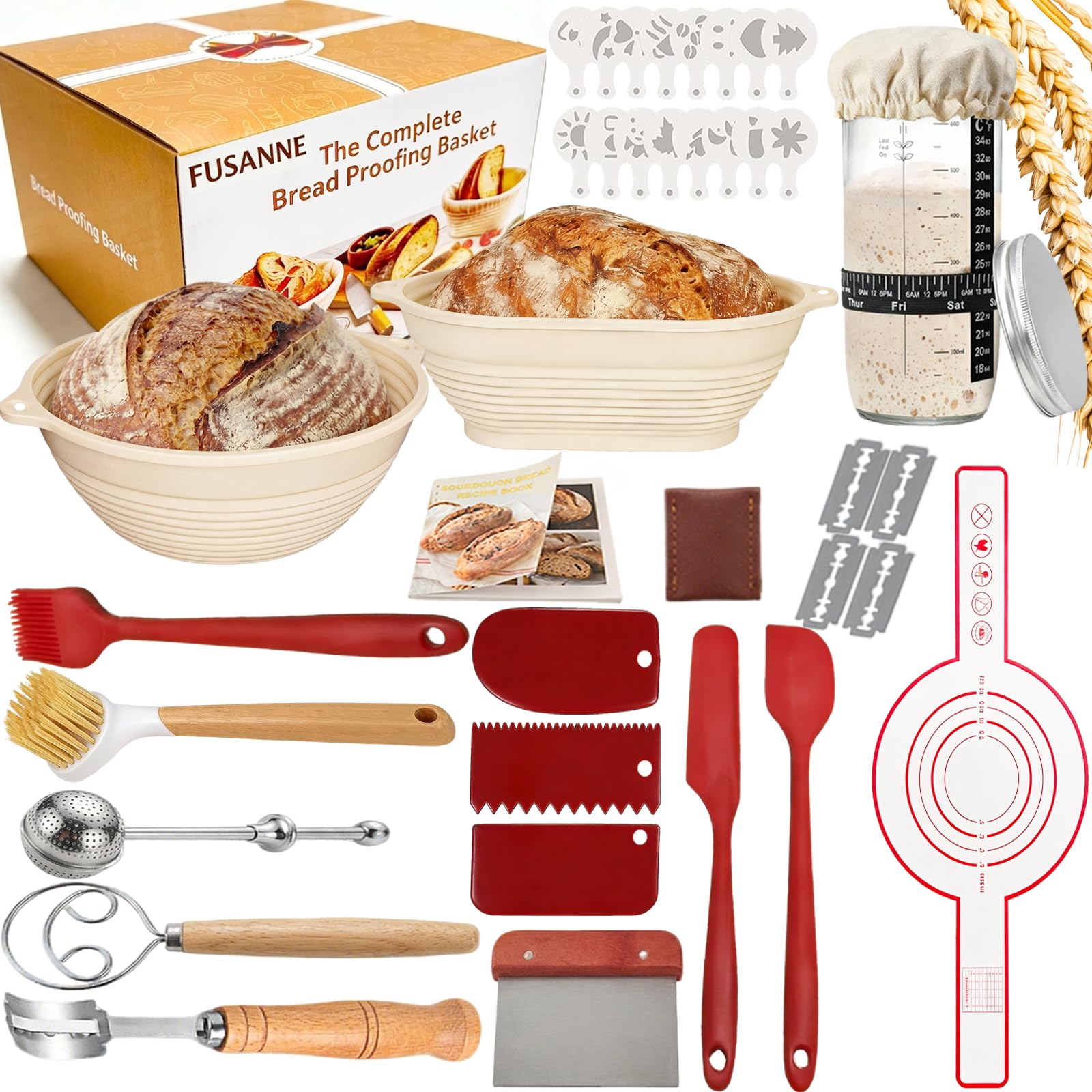 Silikon Gärkörbchen Set 24-teilig Profi Brotbackset mit Gärkorb Rund 23cm & Oval 25cm Spülmaschinenfest inklusive 650ml Sauerteigglas mit Skala Sauerteig Starter Set