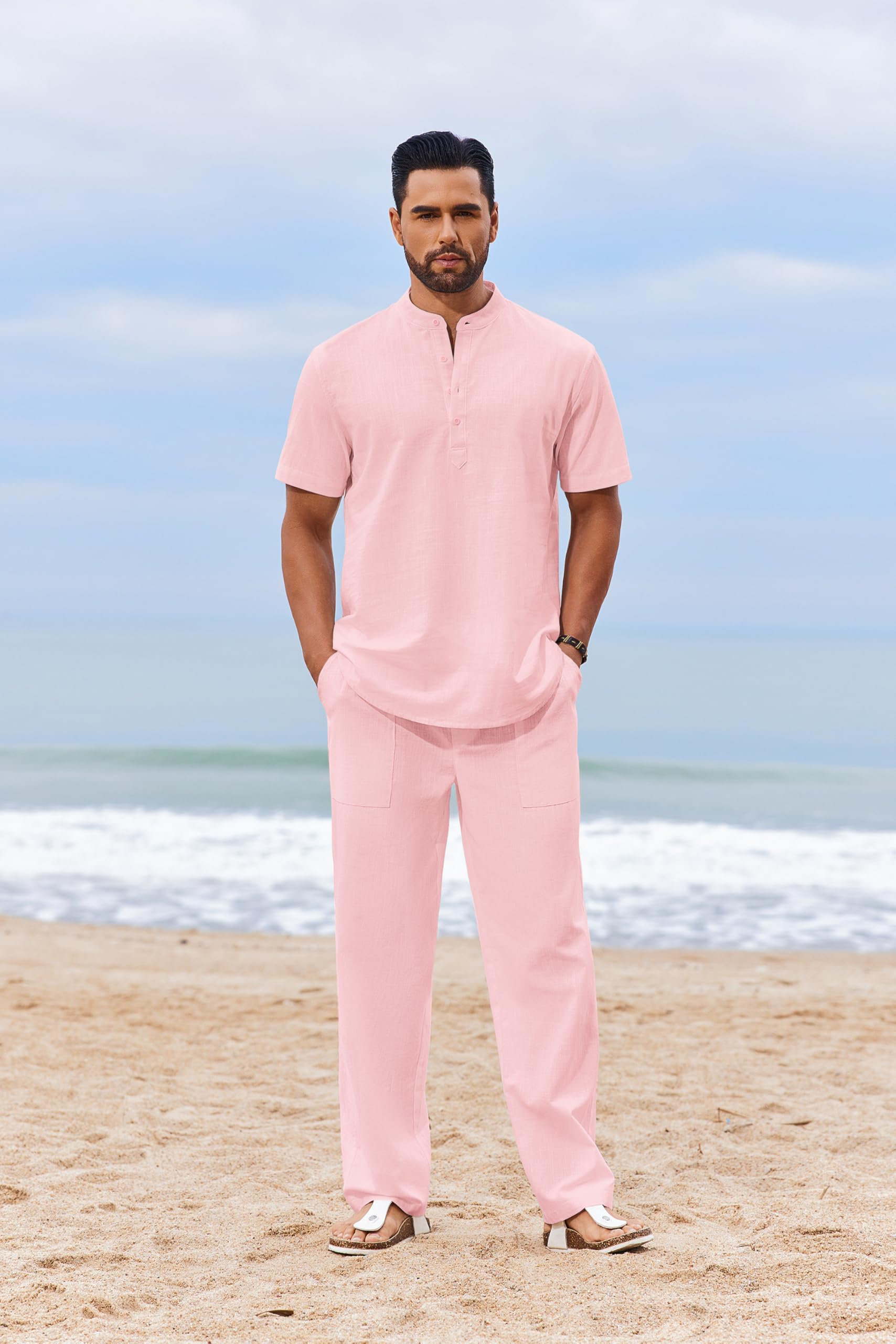 COOFANDY Set da uomo in cotone 2 pezzi casual a maniche corte Henley camicie e pantaloni da spiaggia con tasche abiti estivi vacanze