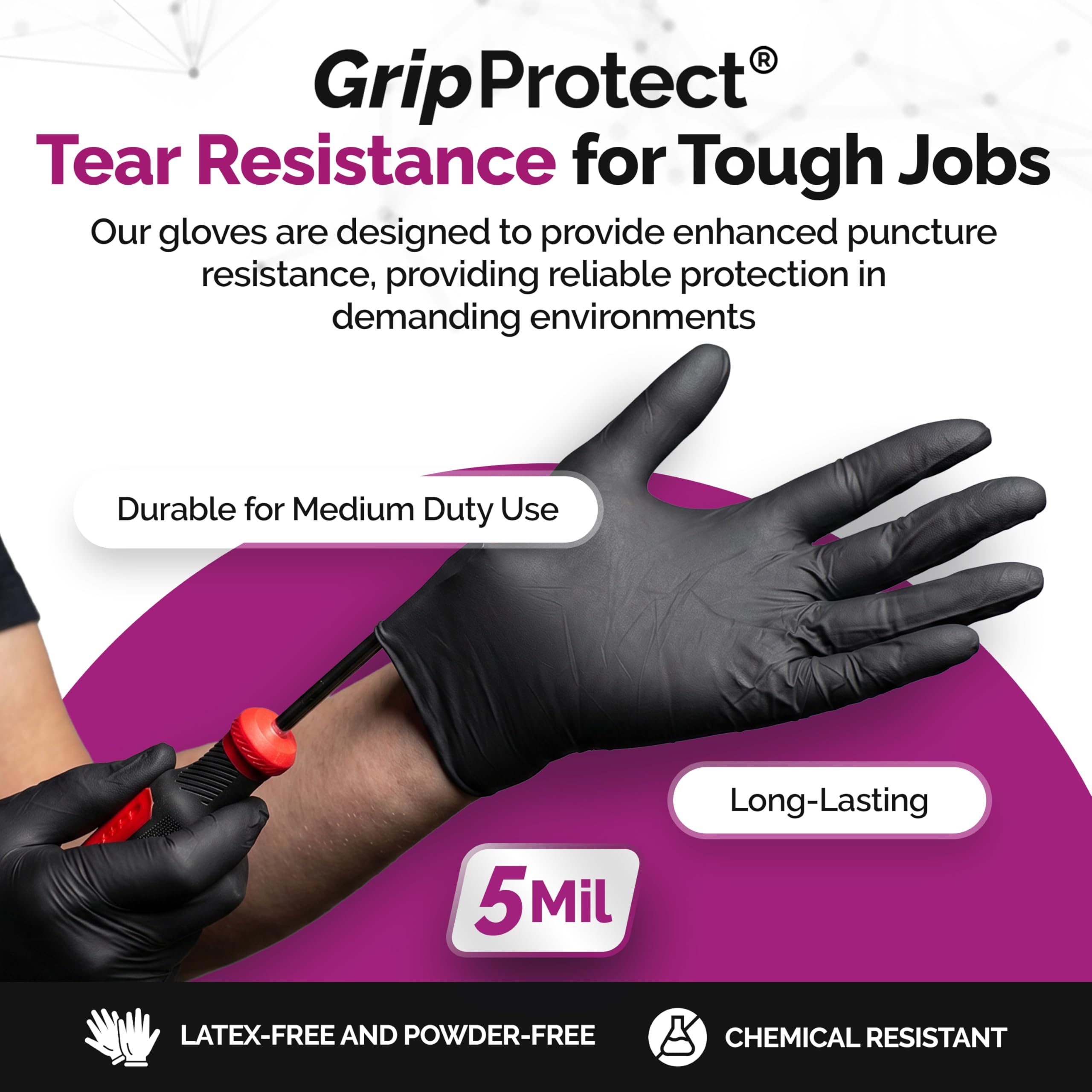 GripProtect Guantes de investigación de nitrilo negro de precisión 5 | guantes desechables sin polvo | médico, aplicación de la ley, tatuaje, agricultura, hidro, quimioterapia clasificada, resistente