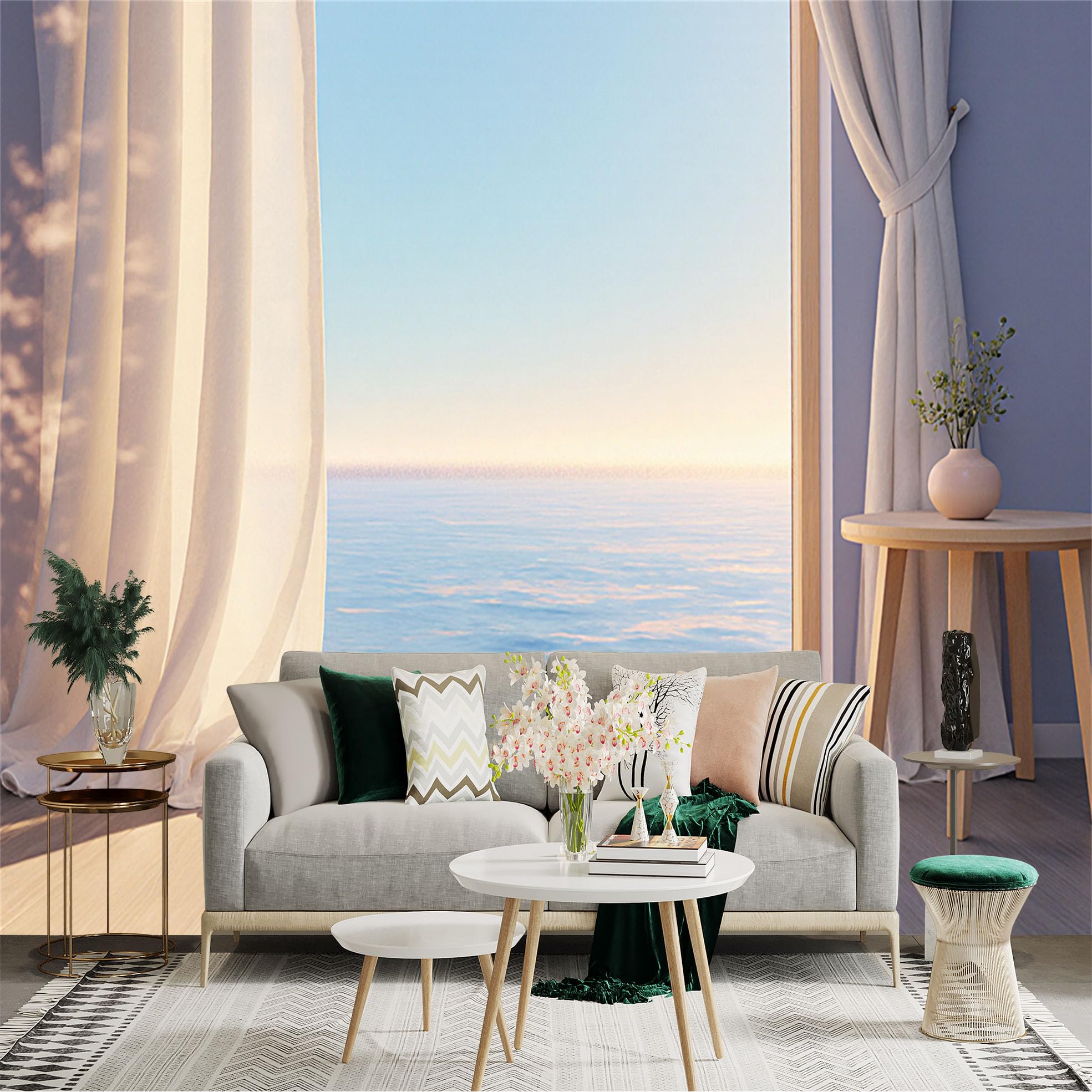 Custom Size Wall Sticker Mural， Scenic Ocean View Through Window， Bright Sunny Seascape， Peaceful Coastal Horizon， for wall Decoration， peelandstick wall Decals.