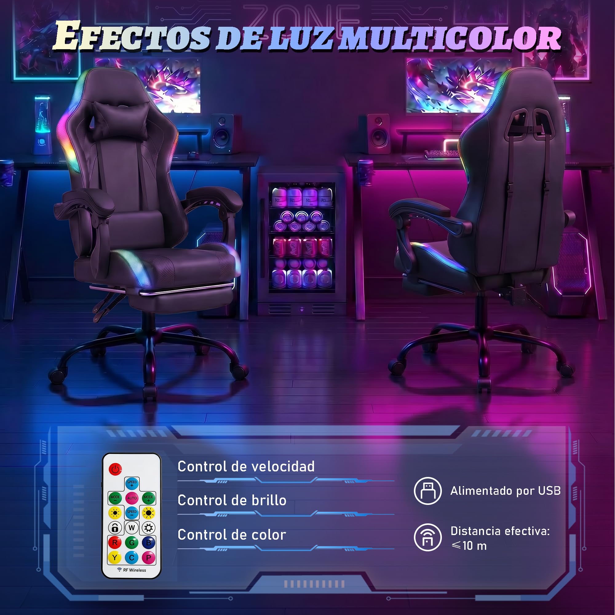 Devoko Silla Gaming con Masajeador y LED, Silla de Oficina Ergonómica con Reposapiés, Sillas Gaming para Oficina y Juegos con Iluminación RGB（Negro）