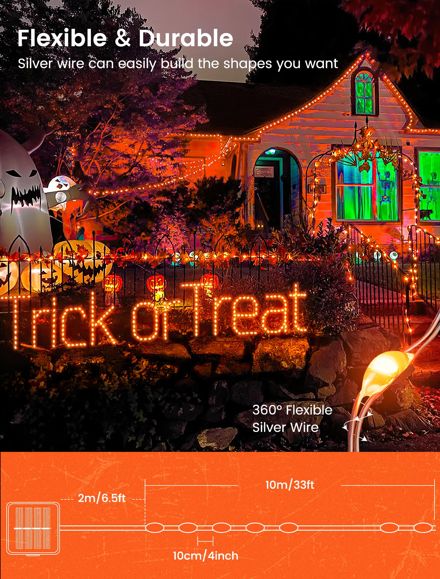 2 x orangefarbene Solar-Lichterkette für den Außenbereich, je 10 m, 100 LEDs, solarbetriebene Halloween-Lichterkette, wasserdichter Kupferdraht, funkelndes Licht für Thanksgiving