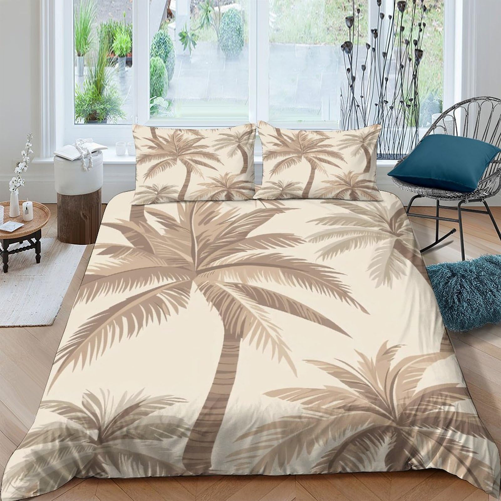 GPLZQXKJNH 3D Printed Tropical Palm Tree Duvet Cover Microfiber Soft Breathable Beach Sunset Bedding Set with 2 Pillowcases for Bedroom Decor Single（135x200cm）