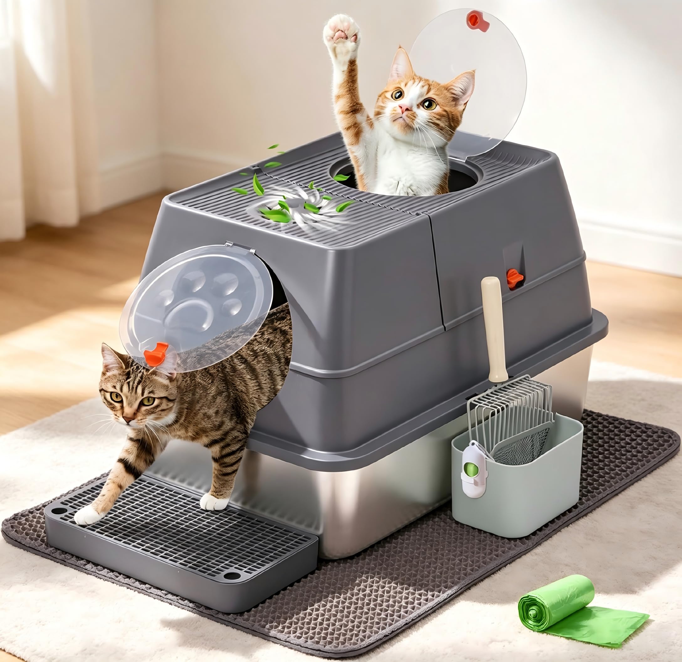 Lettiera Gatto Chiusa in Acciaio Inox XXL, Toilette Per Gatti, Vassoio con Paletta e Tappetino, Antiaderente, Bordo Alto, Per Gatti Grandi e Adulti, Facile da Pulire 60x40x40cm Grigio