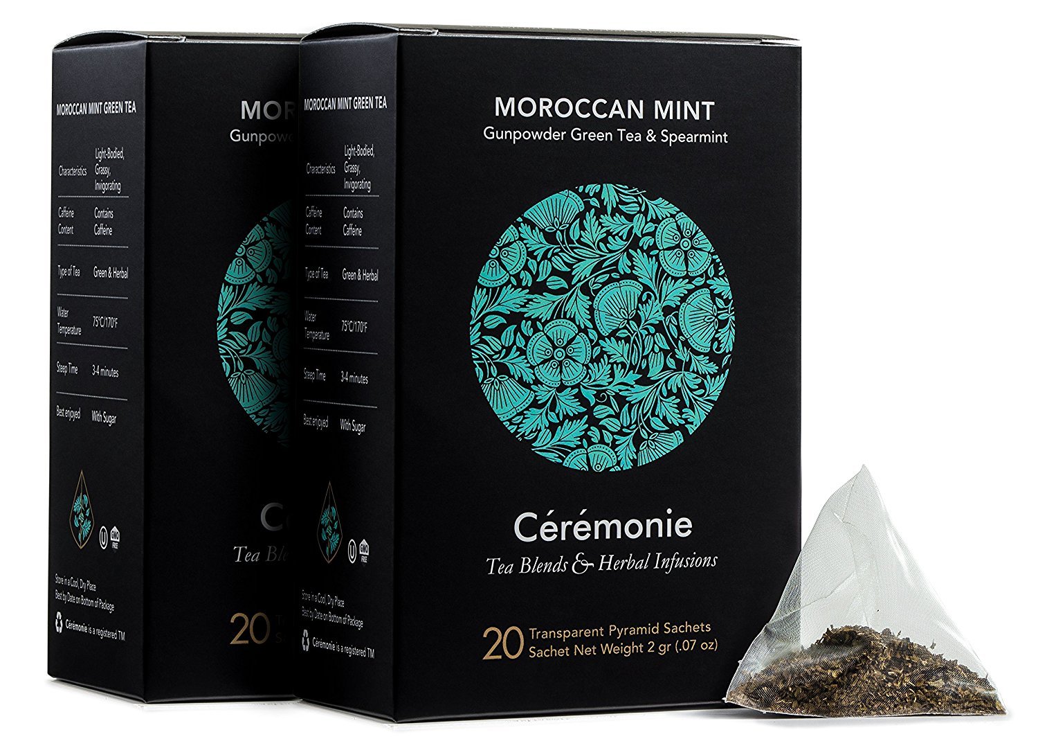Ceremonie Moroccan Mint Green Tea - With Gunpowder Green Tea and Spearmint - Light-Bodied, Grassy and Invigorating - Contains Caffeine - 3-4 Minutes Ideal Steep Time - Pack of 2