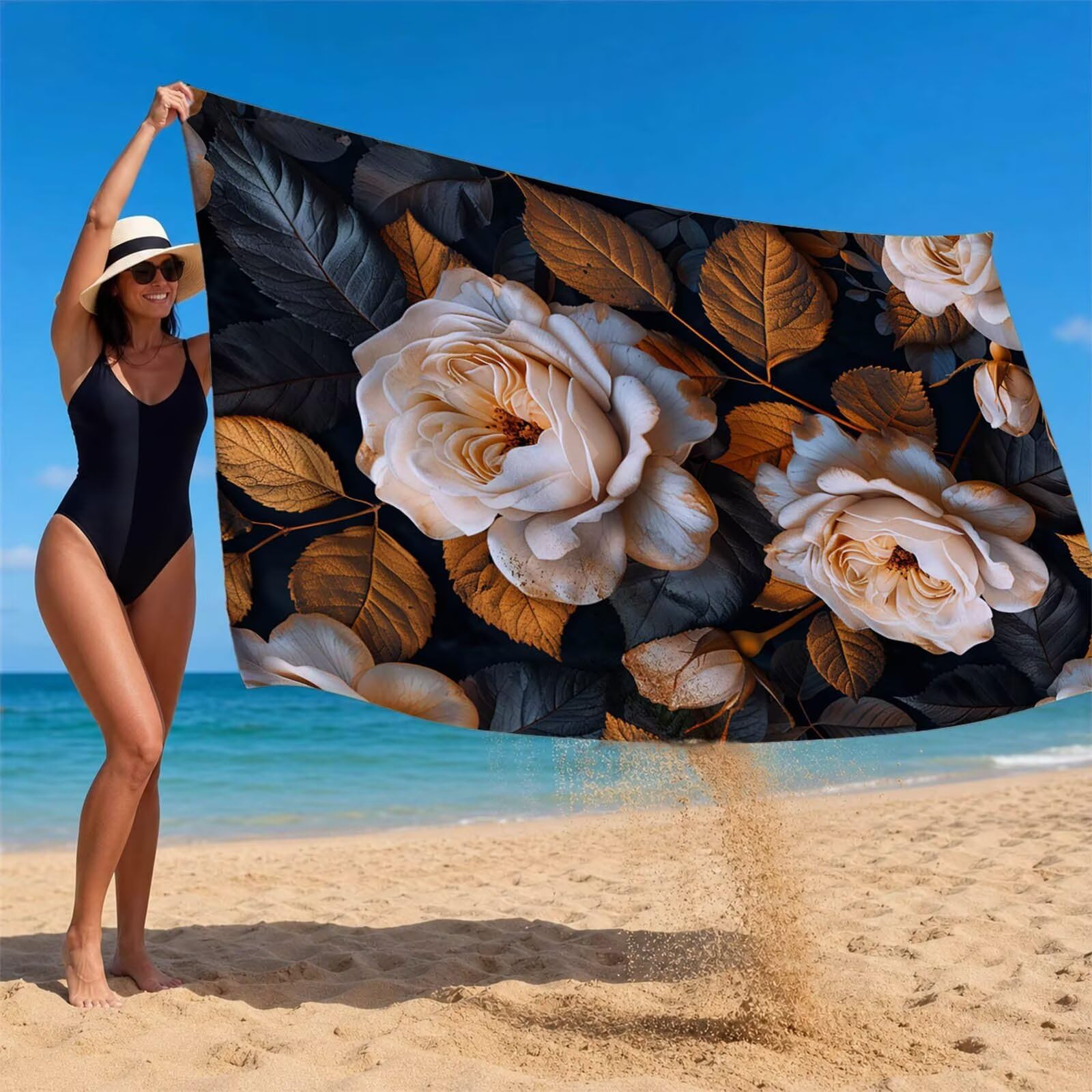Flor Toalla Playa 220 x 160 Resistente a la Arena Secado rápido Ligero, Toalla Playa Grande 160x220cm Suave Cómodo como Gym Yoga Sauna Toallas Baño Grandes Exterior Travel Essentials Planta XTLS-7061