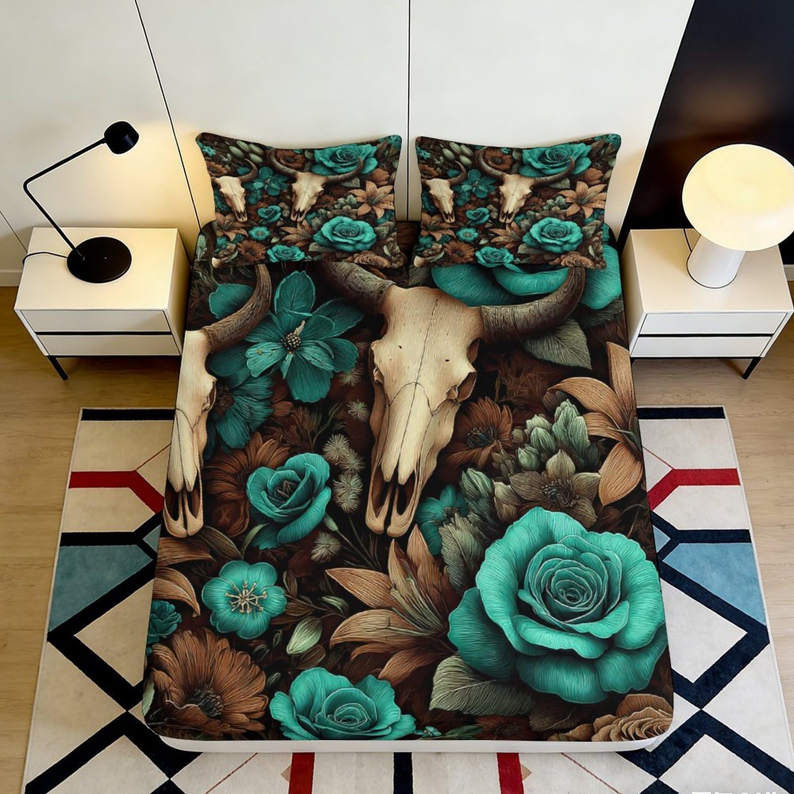 3D Printed Floral Skull Fitted Sheet Microfiber Soft Breathable Botanical Bed Cover for Bedroom Dormitory Guest Room Mattress Protection 120x200x25cm