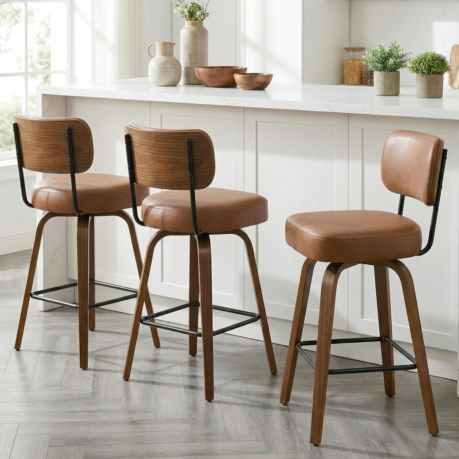 Solstrand Swivel Counter Height Bar Stools Set of 3, 26" Upholstered Faux Leather Bar Stools with Back and Walnut Wood Legs, Mid Century Modern Counter Stools for Kitchen Island Dining Room, Brown
