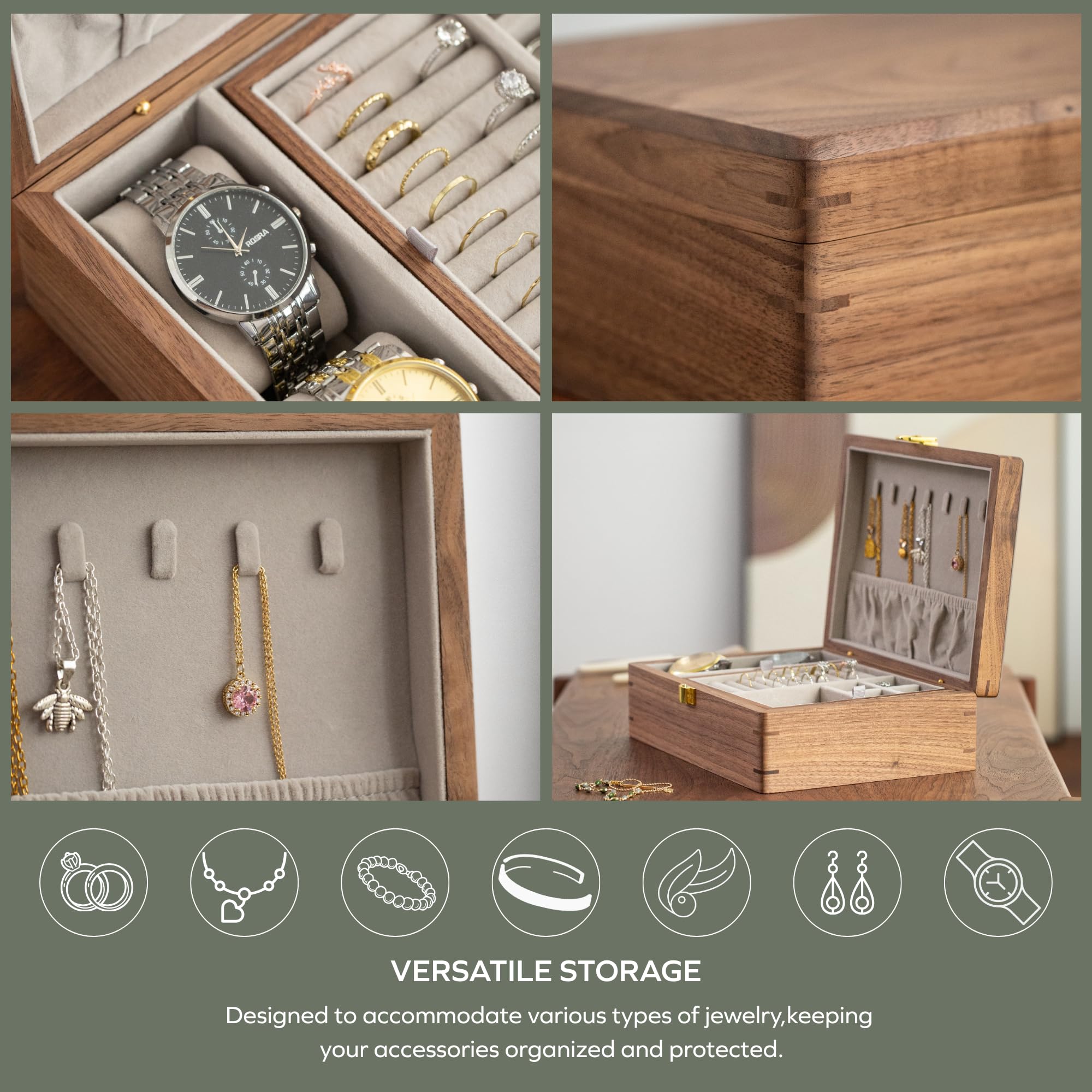 muso wood Portagioie in vero legno di noce, a 2 livelli, con chiusura in metallo