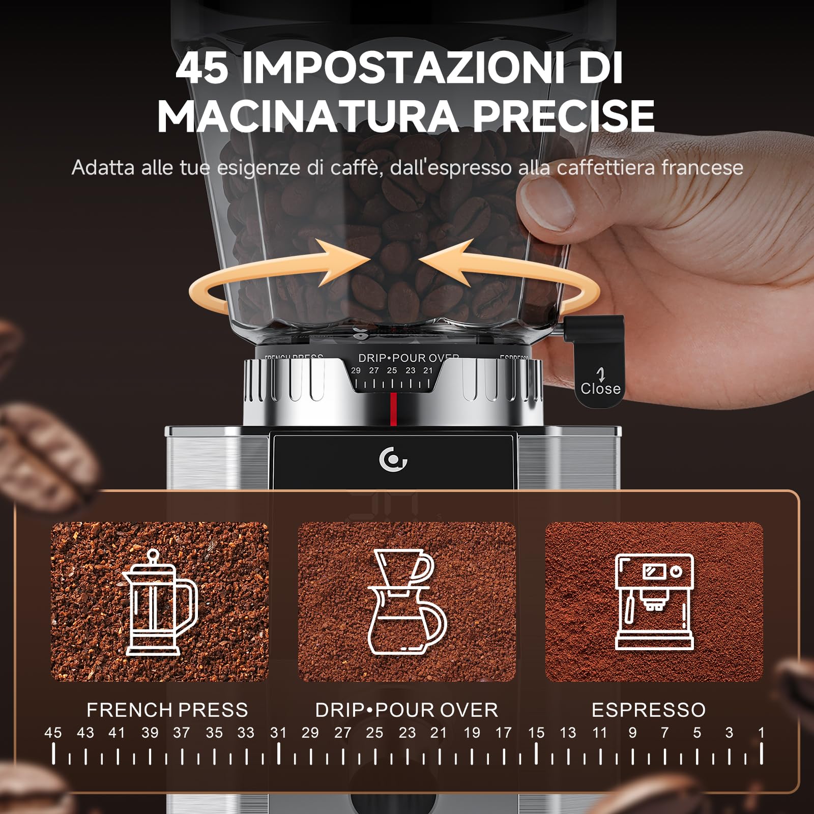 AMZCHEF Macinacaffè Elettrico con 45 Livelli di Macinatura, Macine Coniche in Acciaio Inox, Supporto Portafiltro Regolabile, Pannello di Controllo Touch LED, Corpo in Acciaio Inox