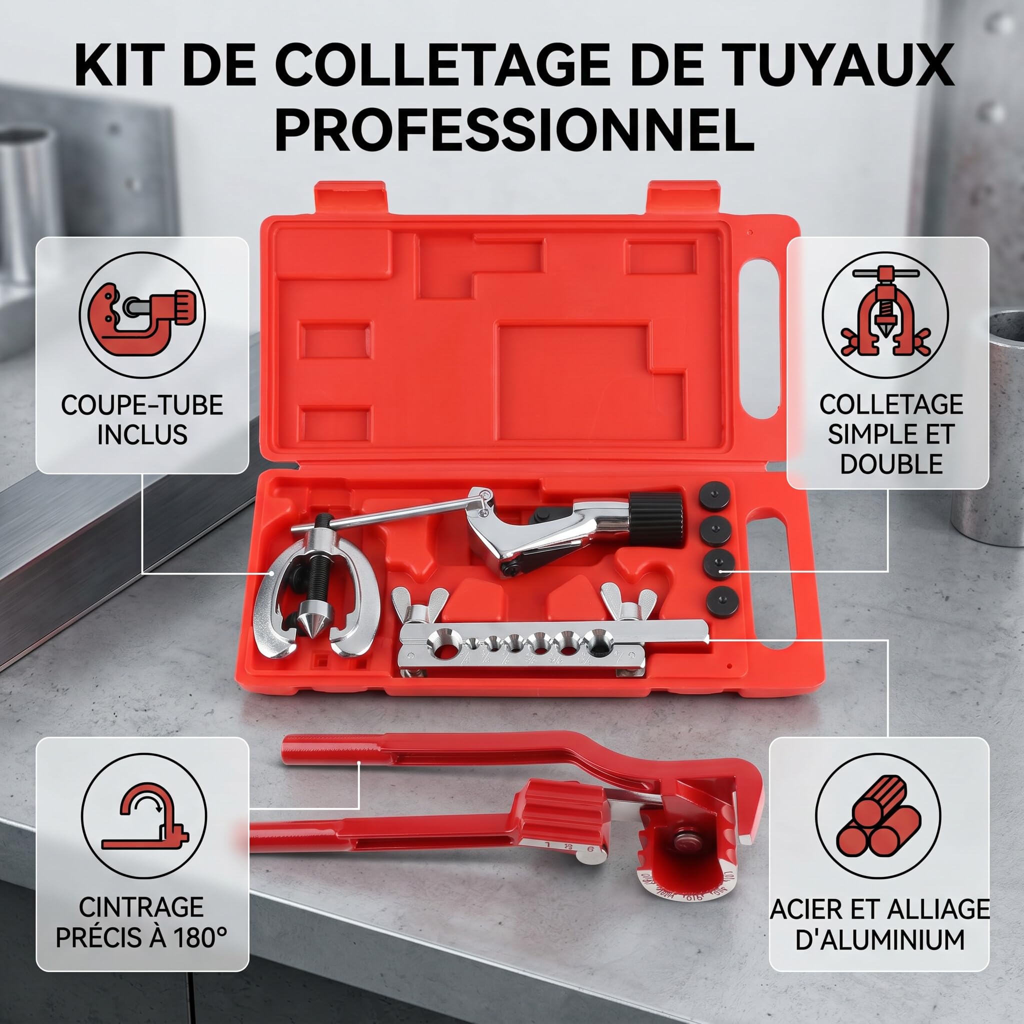 Estink Kit d'Outils Professionnel pour Évasement de Tuyaux de Frein, 11 Pièces, avec Pince à Cintrer, Coupe-tube et Étui de Rangement