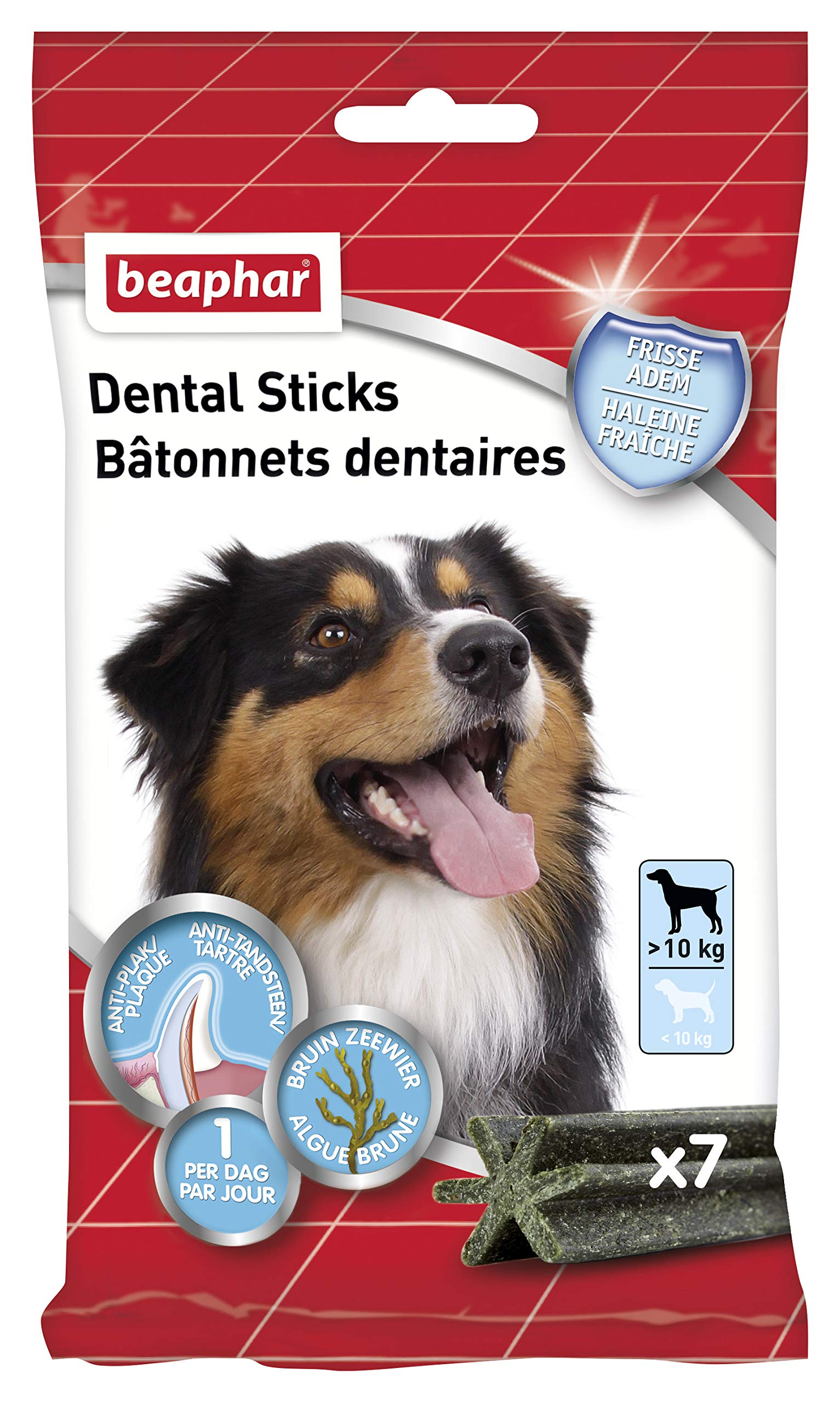 BEAPHAR - Bastoncini dentali per cani grandi (> 10 kg) - Dolcetti a basso contenuto calorico con alghe brune e tè verde - Alito fresco - Elimina placca dentale e tartaro - 7 unità
