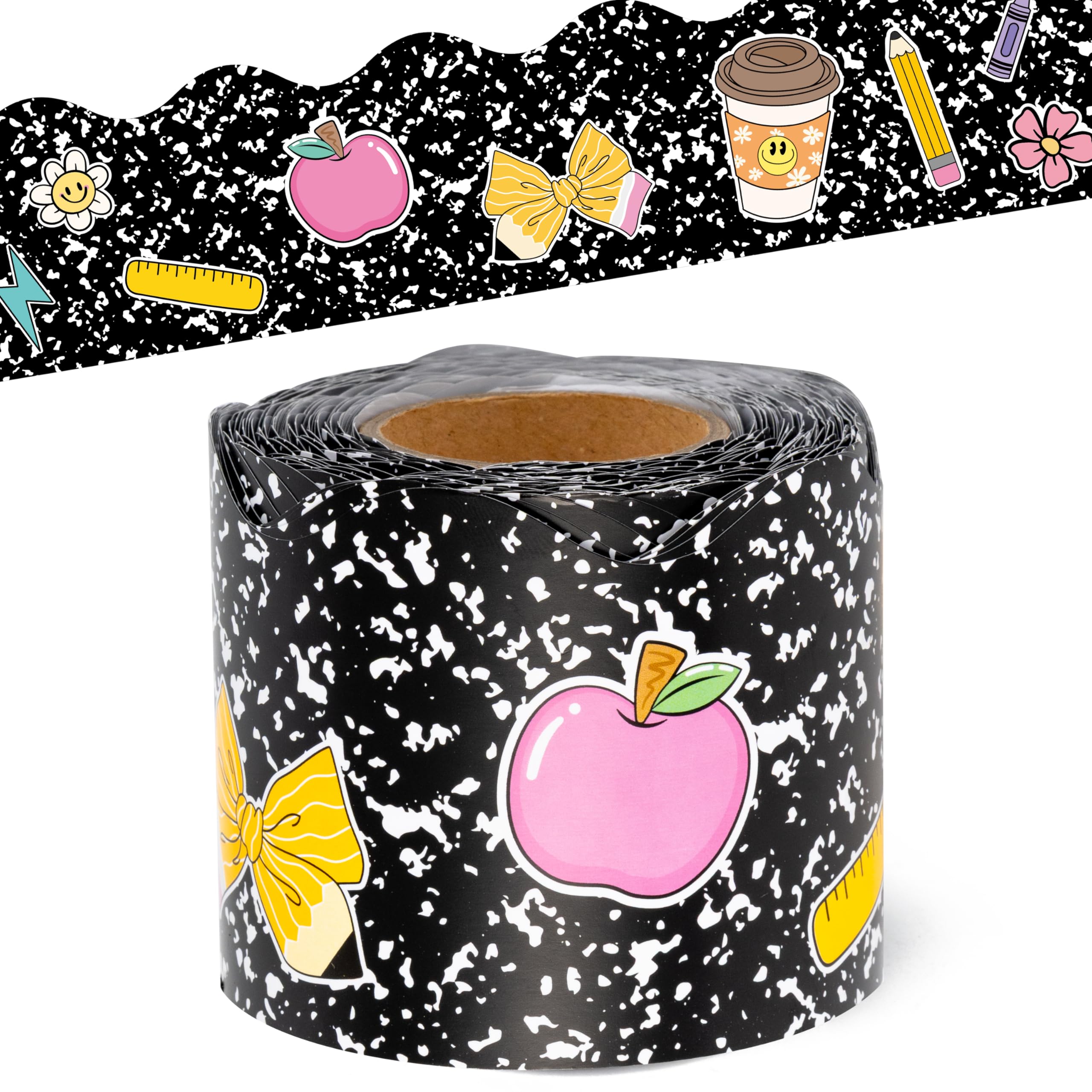 BeYumi Composition Rolled Border Trim - 65ft Back to School Composition Pencil Bow Scalloped Rolled Border Trim Ruler Apple Bulletin Board Set School Classroom Office Chalkboard Party Holiday Decor