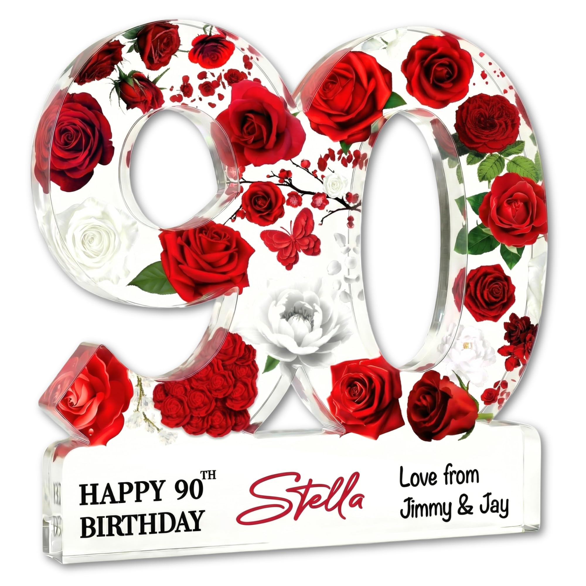 MyKeepsy Personalised 90th Birthday Plaque – Custom Name & Message Acrylic Keepsake, Floral 90 Decoration Gift for Women & Men, Available in 6 Colours (Red Floral)