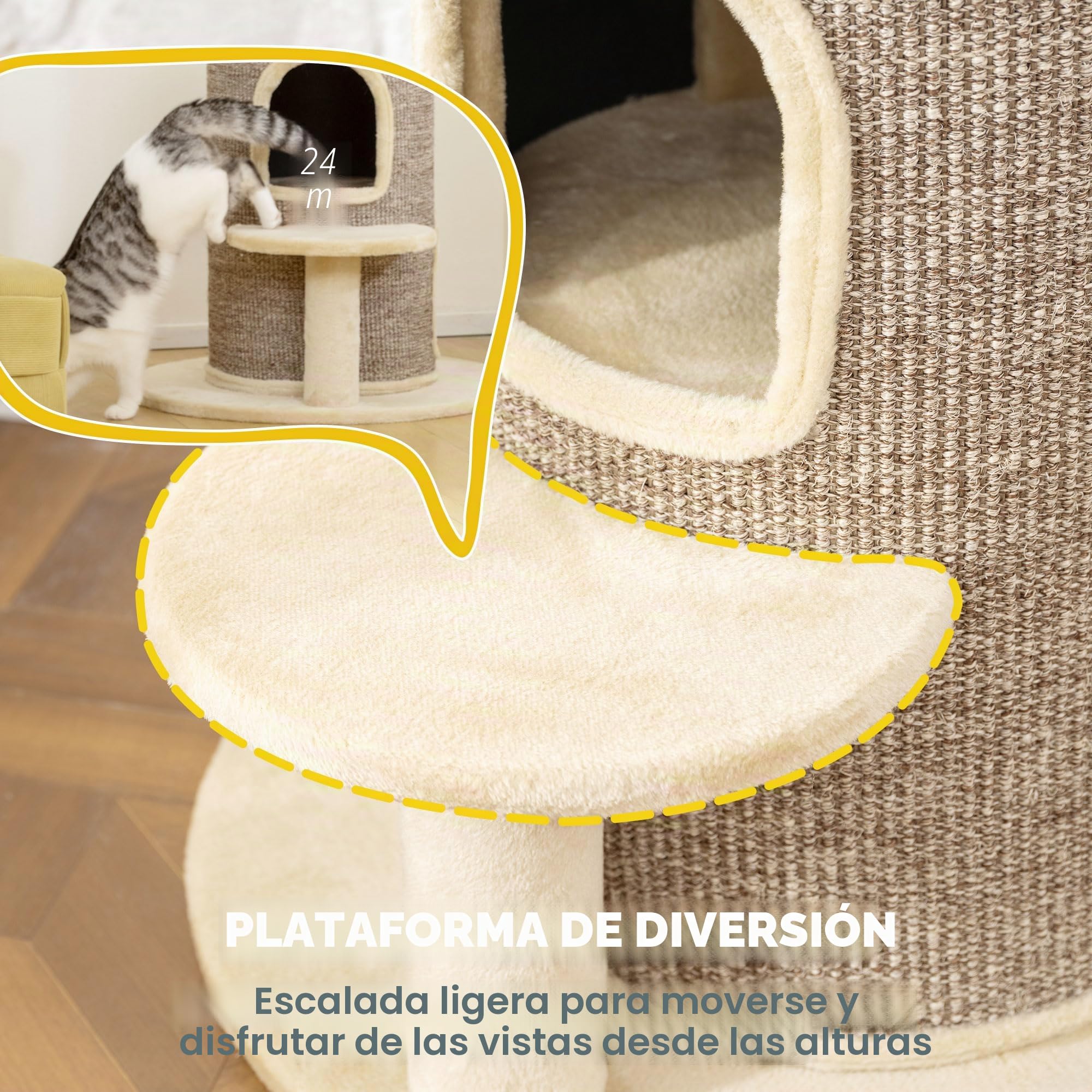 PawHut Barril rascador para Gatos, Barril para Gatos de 61 cm de Altura con 2 Cuevas, Poste rascador con Plataforma de Salto, Torre para Hecha de sisal, Felpa, para pequeños Beige