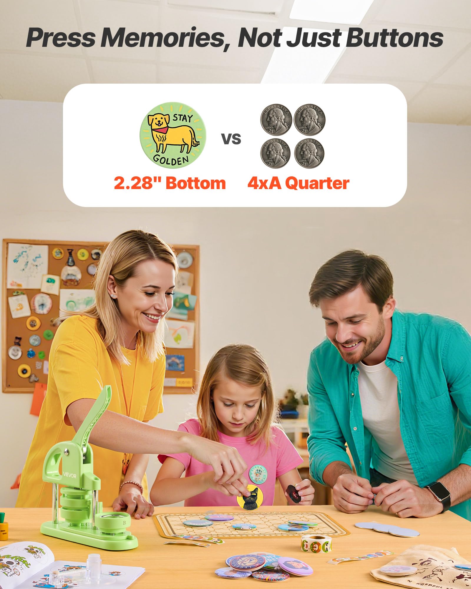 VEVOR Macchina per Spille Rotonde, Macchina Punzonatrice con 100 pezzi Kit per Fustellatrice Manuale per Badge 58 mm, Impugnatura Ergonomica, per Spille Personalizzate Fai da te (Verde)