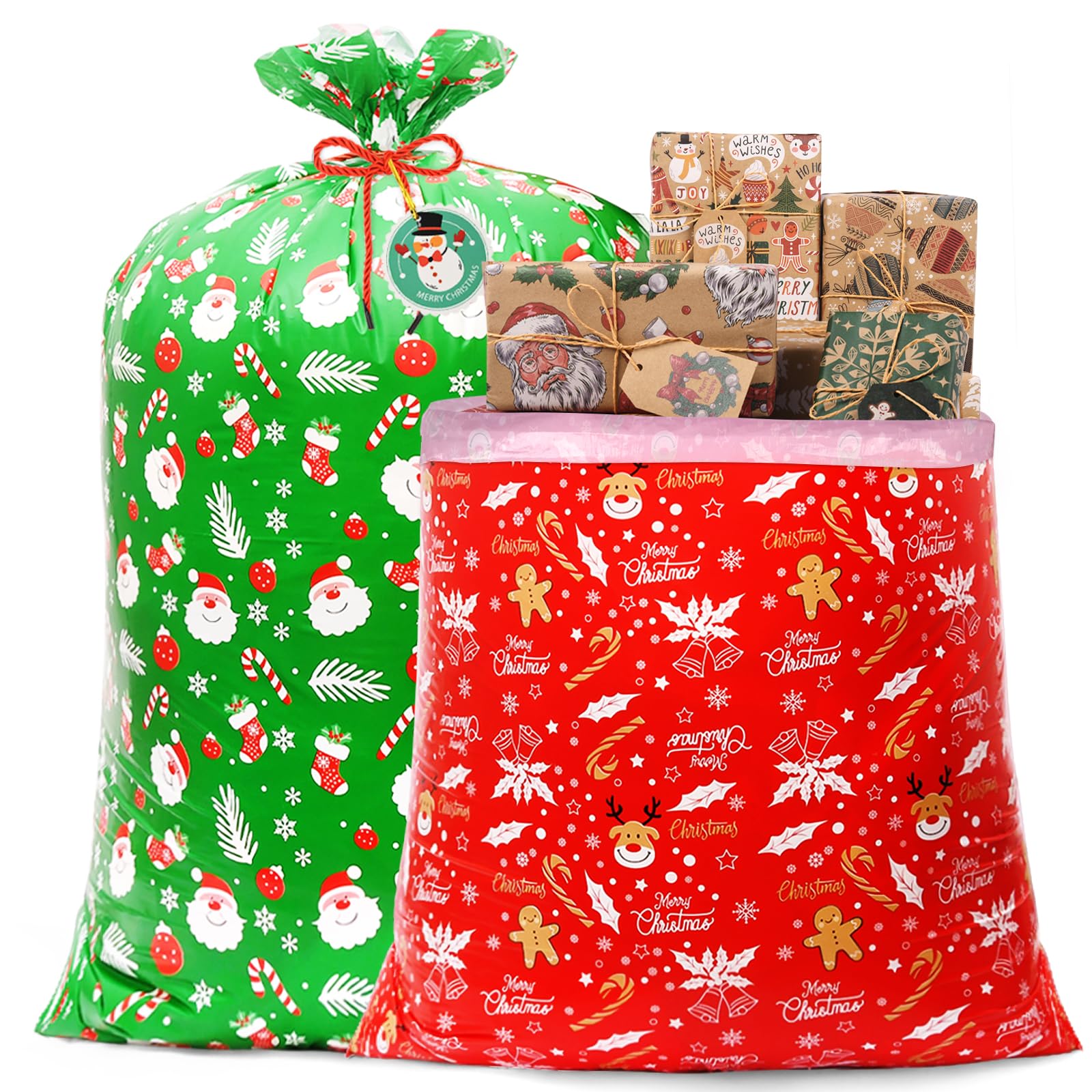 AhfuLife 2Pcs Jumbo Christmas Sacks Bags with Gift Tags, 142 x 92cm, 2 Style Extra Large Xmas Gift Sacks with Cords, Reusable Giant Plastic Christmas Bags for Xmas Gift Home Party Favors