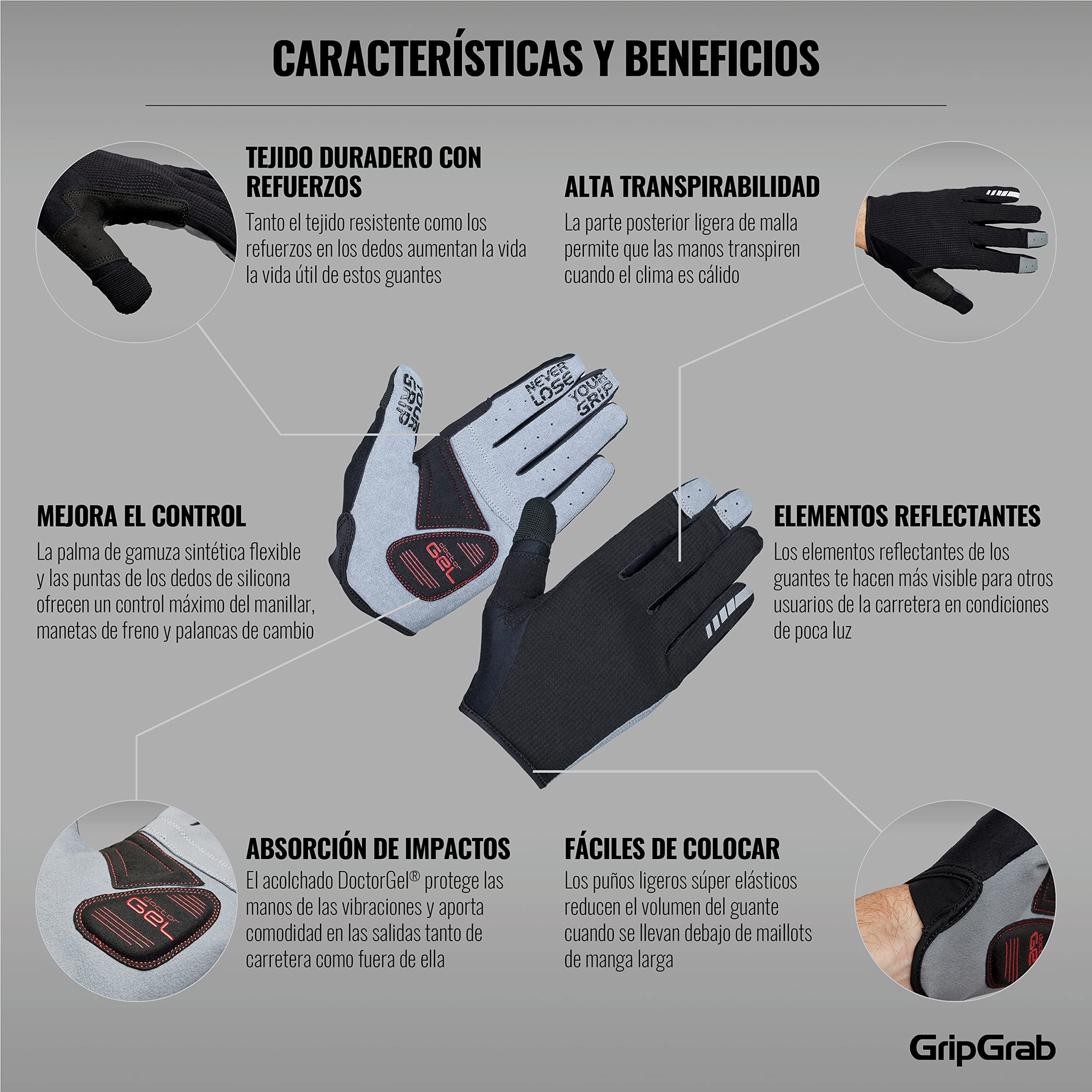 GripGrab Guantes de Ciclismo Shark Largos Verano Acolchado DoctorGel 4mm Bicicleta MTB Gravel Guantes Largos Ciclismo