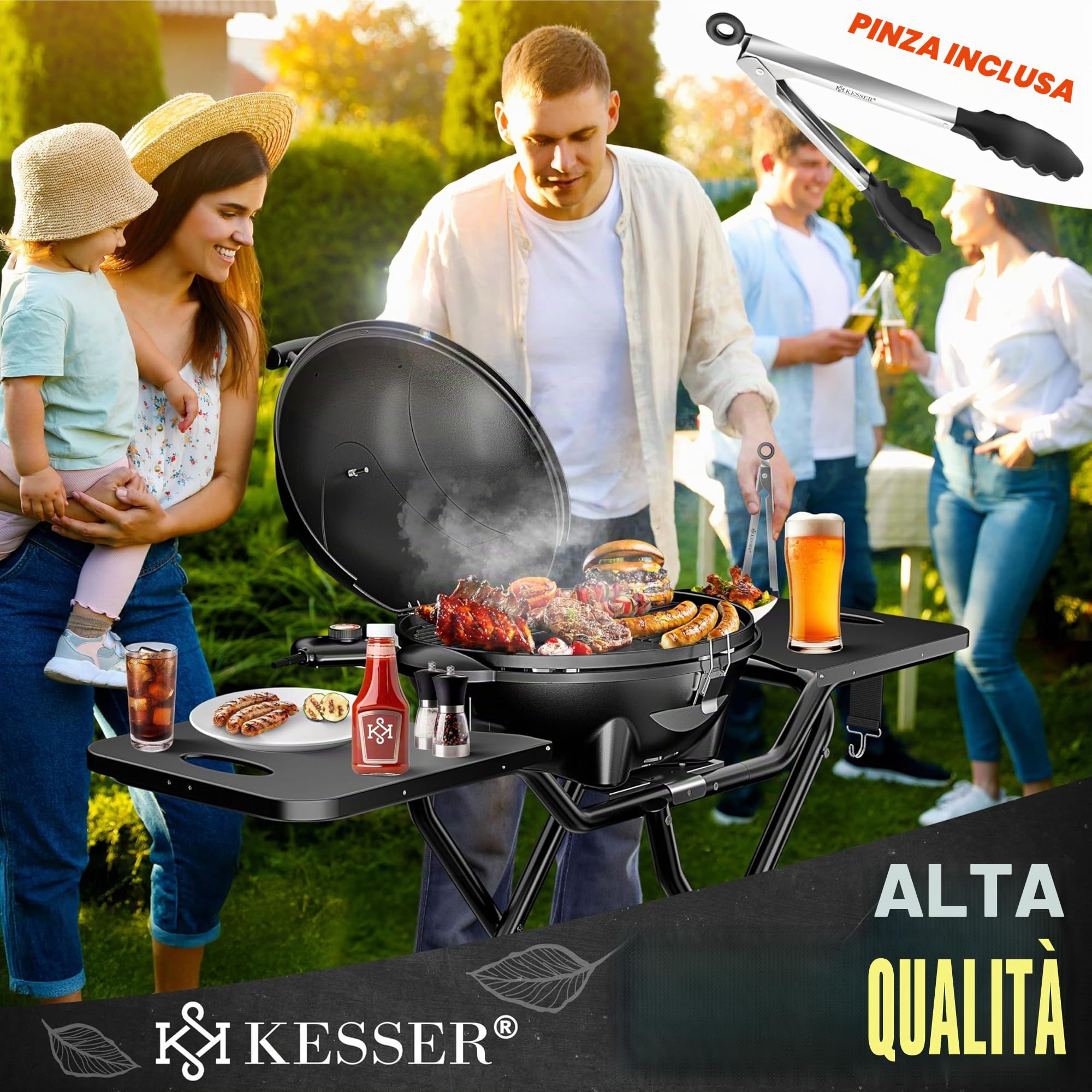 KESSER® Griglia elettrica 2in1 da tavolo - griglia da terra con coperchio | max. 2400 Watt | Pieghevole | Termostato | Rivestimento antiaderente | Piastra griglia tavoli di appoggio | 2 ruote | incl