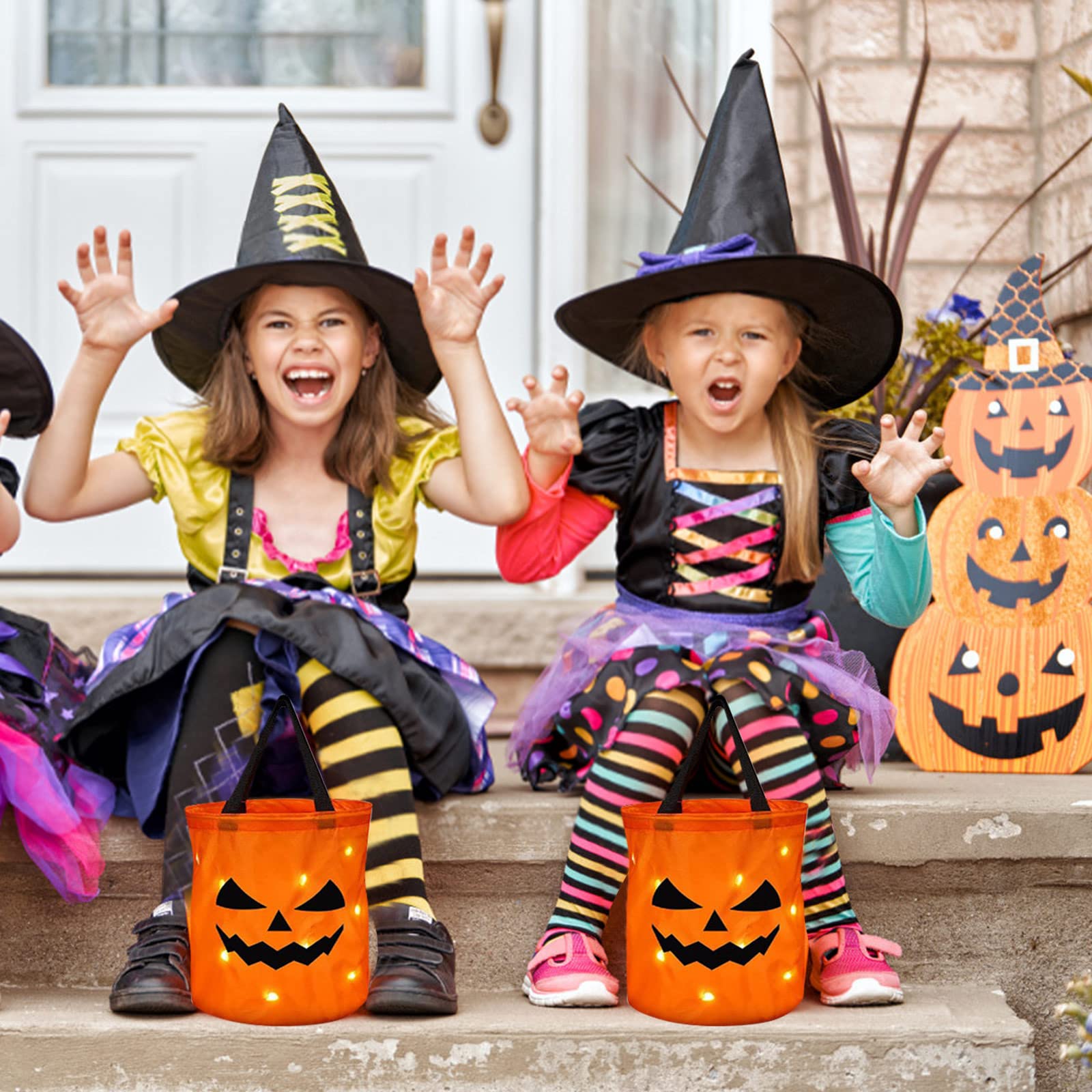 Halloween LED Light-Up Glowing Pumpkin Candy Bucket with Handle, Trick or Treat Bag, Jack-O-Lantern Face Bags - Image 6