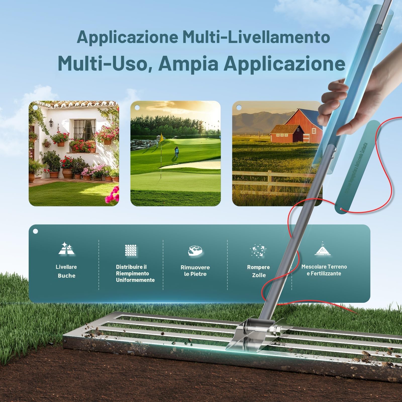 Rastrello Livellatore per Prato in Acciaio Inossidabile 75*25cm – Rastrello con Base Superiore Completamente Chiusa, Livellatore per Prato per Uso Intensivo, Non si Ribalta Facilmente