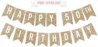 Pre-Strung Happy 50th Birthday Banner - NO DIY - Gold Glitter 50th Birthday Party Banner - Pre-Strung Garland on 6 ft Strands - Gold Birthday Party Decorations & Decor. Did we mention no DIY?