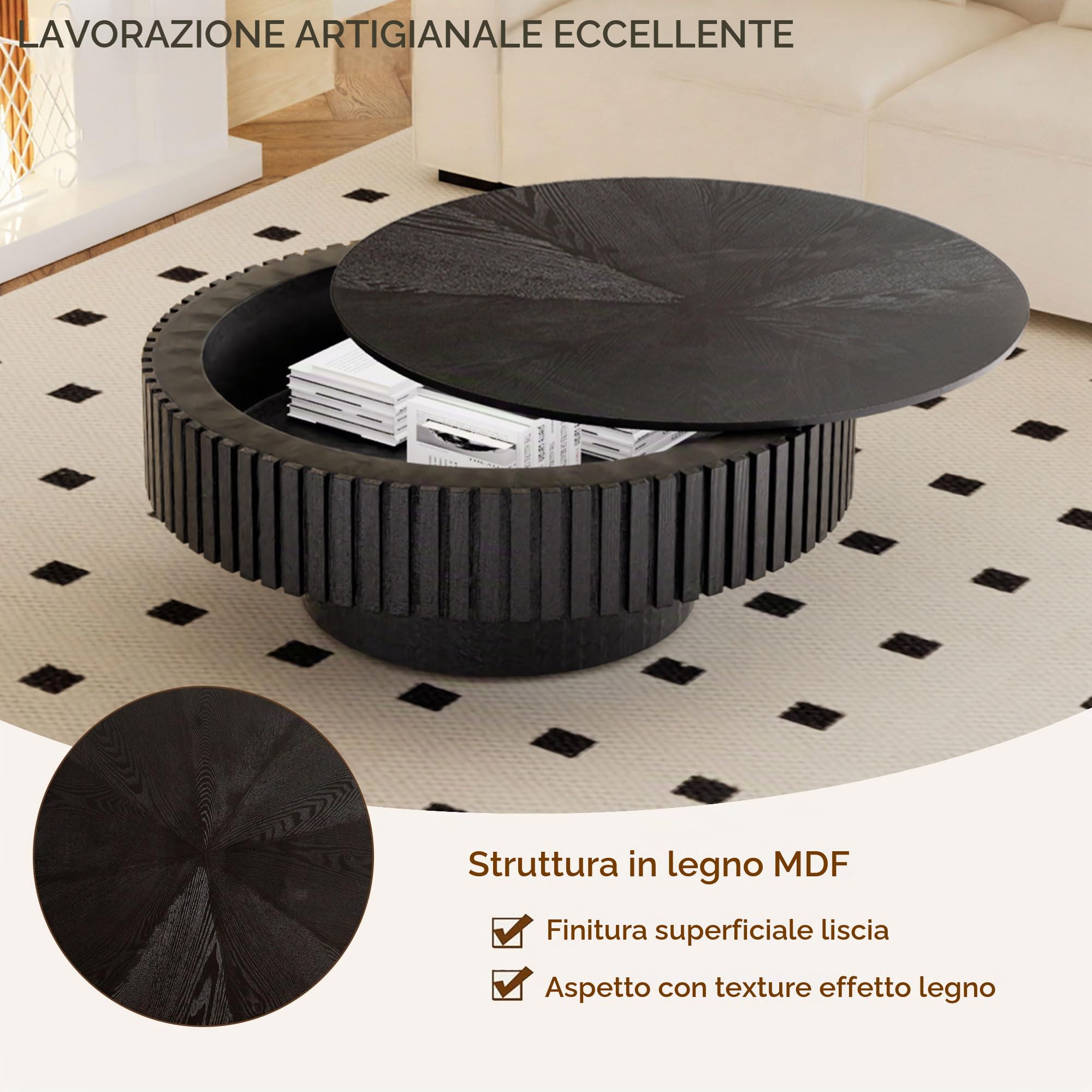 80 cm Tavolino da Salotto con Contenitore, Nero