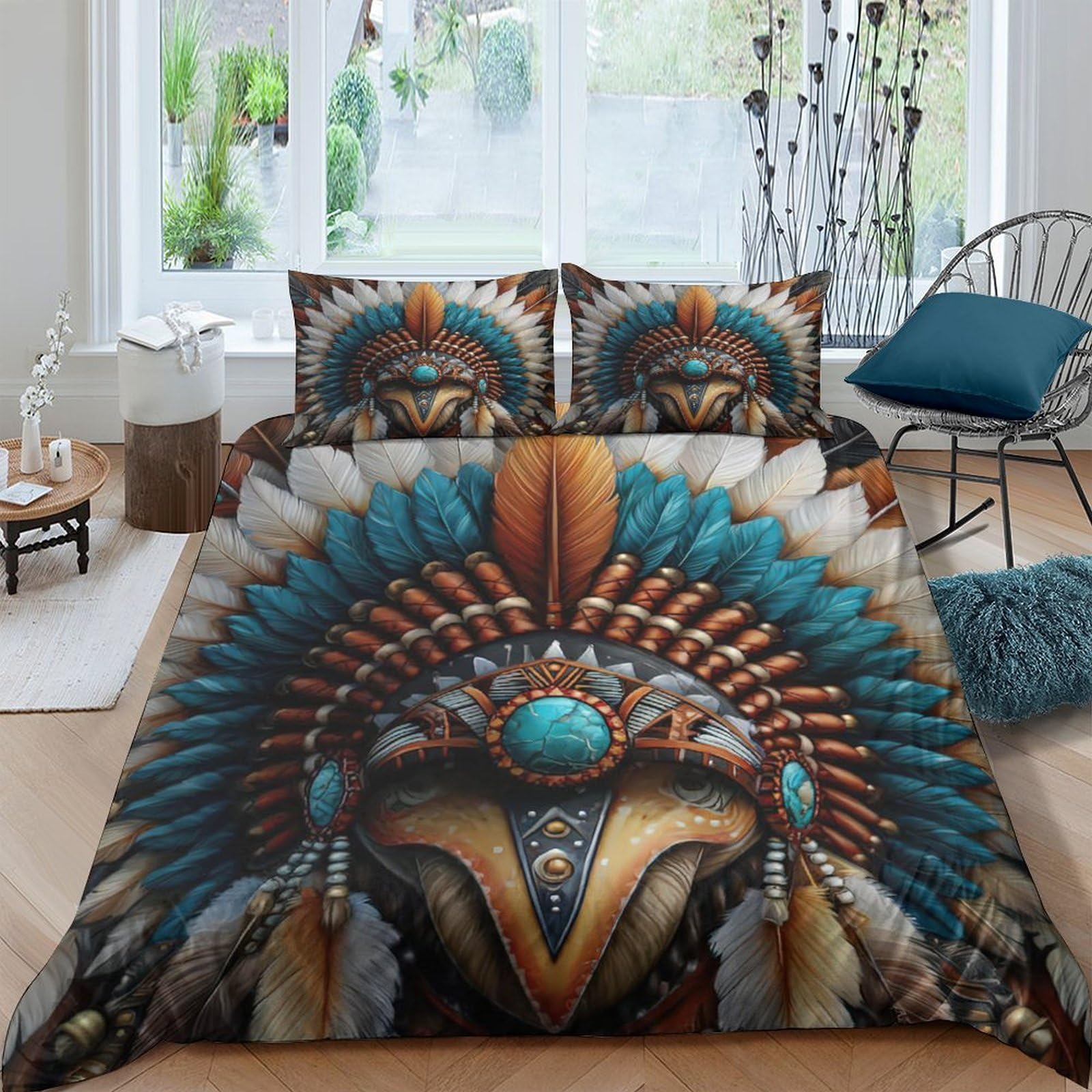 Ctjqhvkz Style-5 3D Printed Aztec Feather Fitted Sheet Microfiber Soft Breathable Tribal Mask Bed Sheet For Bedroom Guest Room Decor Single（135X200cm）