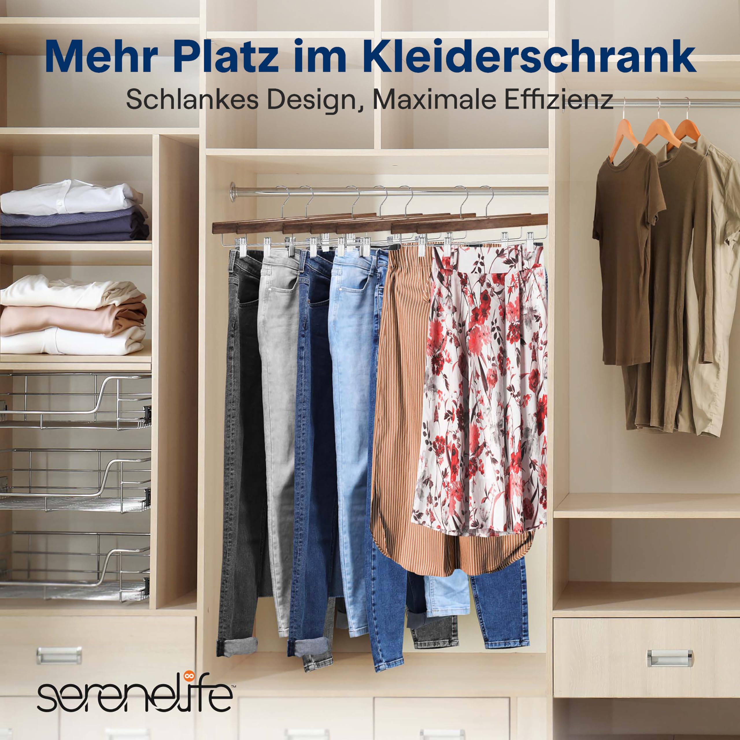 SereneLife Rockbügel, Kleiderbügel Holz, 20 Stück Kleiderbügel mit Klammern, Hosenbügel mit 360 ° Schwenkhaken & Verstellbare Clips 35.5cm, Kleiderbügel Platzsparend, Hangers Clothes, Retro Braun
