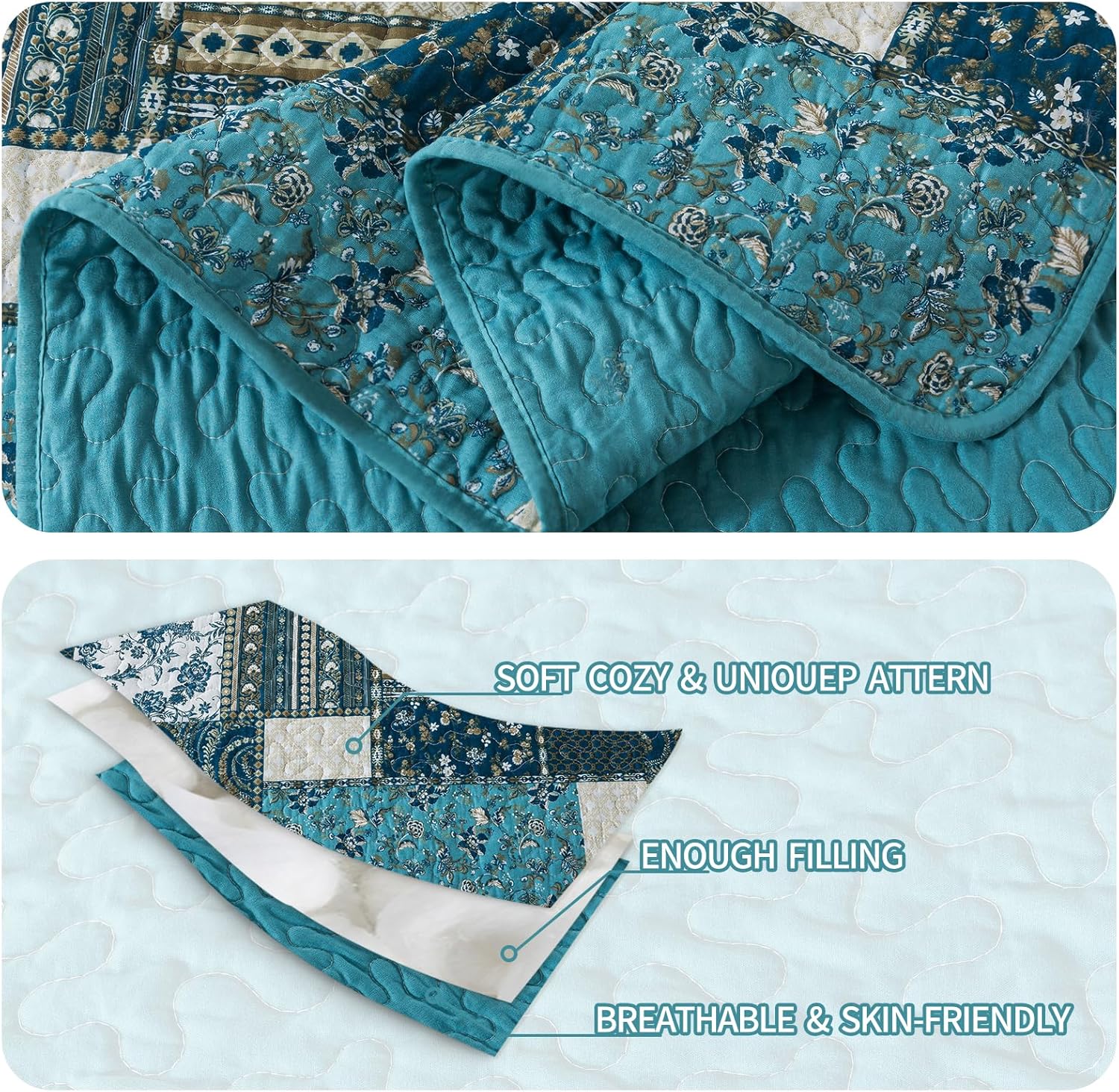 BEDIFANY Cotton King Size Quilt Set, Lightweight Bedspread King Size Coverlet Boho King Quilt, Soft Farmhouse King Quilt Bedding Sets for Bed Decorations for All Seasons (3 Pieces, Blue) - Image 4