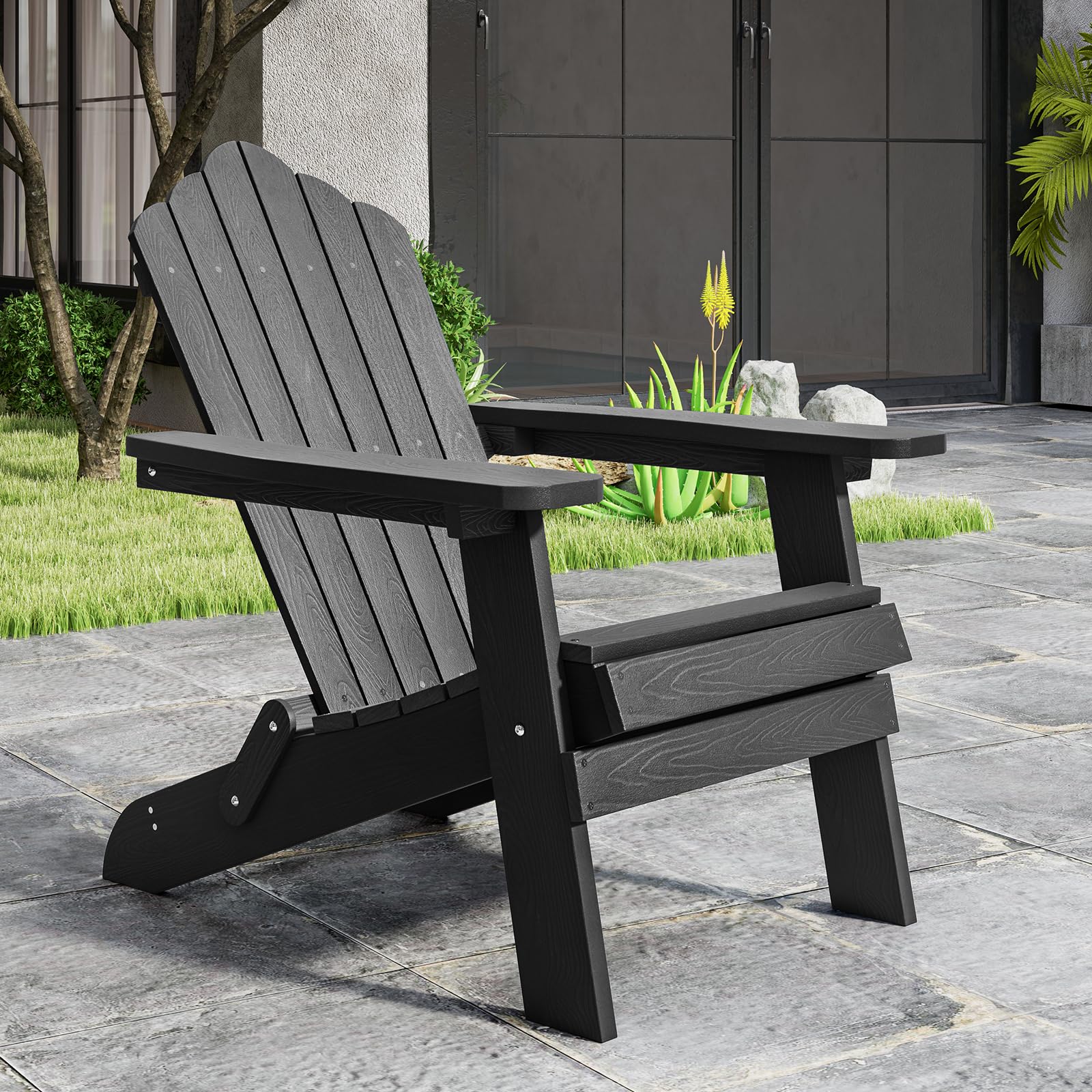 KOMFOTTEU Adirondack - Sedia pieghevole, sedia da giardino con schienale inclinato e braccioli larghi, poltrona ergonomica con carico di 180 kg, seduta esterna per balcone, terrazza (nero)