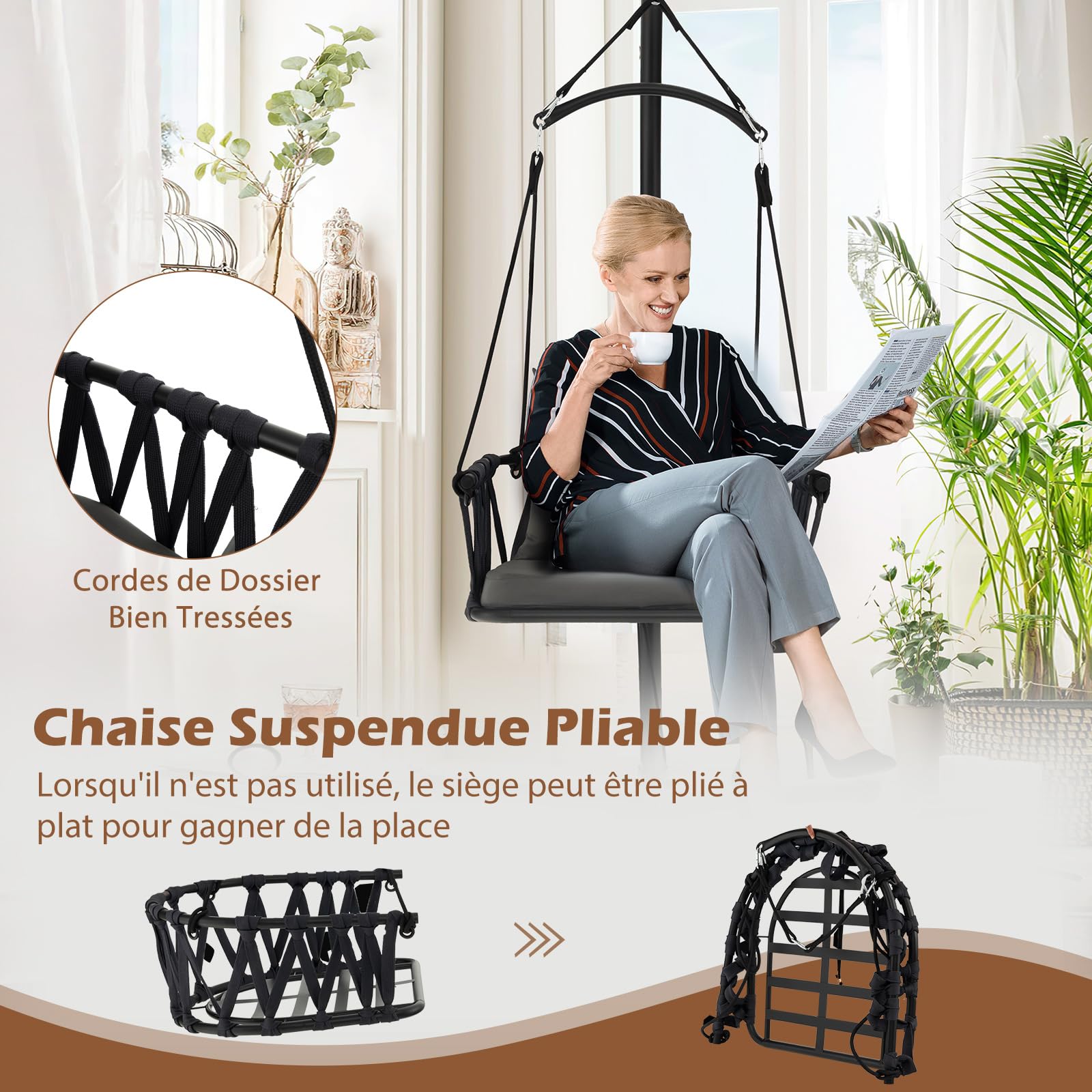 COSTWAY Fauteuil Suspendu Extérieur Intérieur, Support en Acier