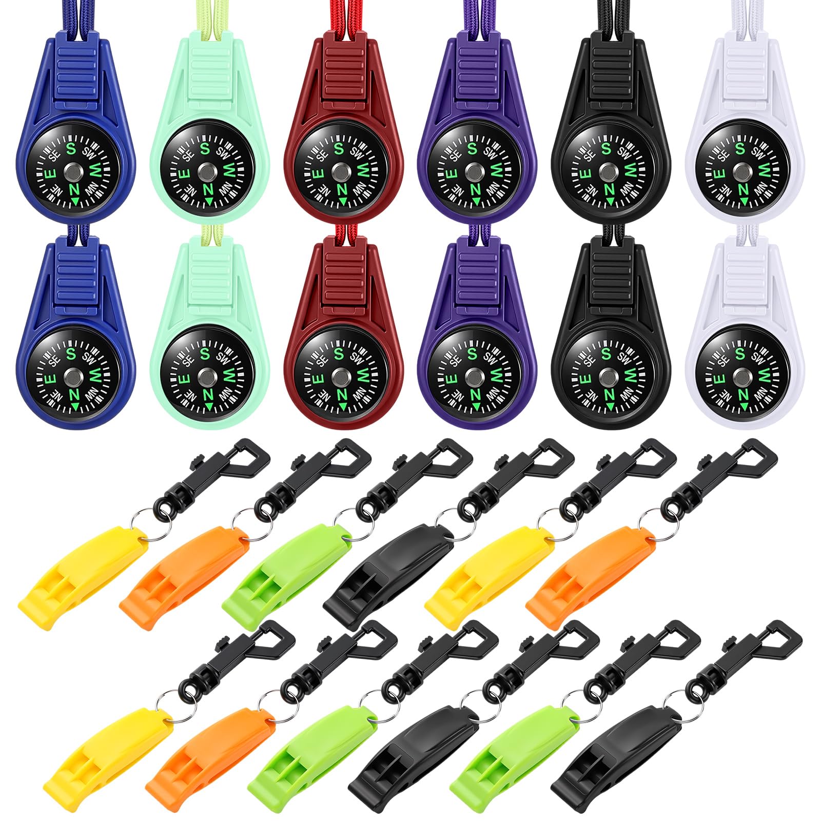 Relaxweex Juego de 24 piezas de brújula y silbato para niños, 12 mini brújula de bolsillo para senderismo, paracaídas, 12 silbatos pequeños, llavero con cordón para senderismo, supervivencia